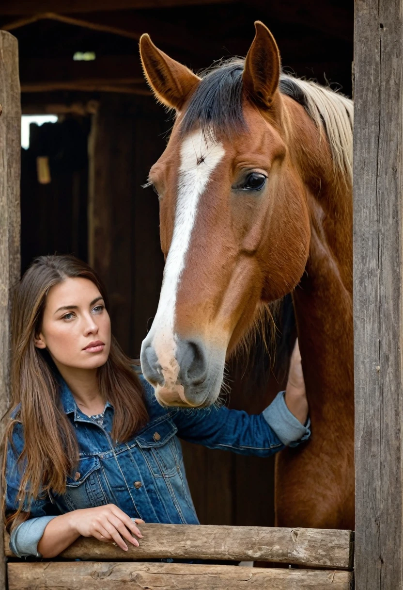 In the image, there is a woman standing next to a horse. The woman appears to be in her late teens or early twenties, with long brown hair. She is wearing a denim jacket and has a gentle expression on her face. The horse is a large brown animal with a white blaze on its forehead, which is a distinctive marking. The horse's ears are perked forward, indicating alertness or attentiveness. They are both standing in a wooden structure that could be a stable or a covered area, with wooden beams visible in the background. The lighting suggests it might be an overcast day or the photo is taken in a shaded area. The overall atmosphere of the image is calm and serene.