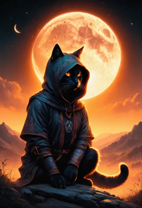Fluffy orange cat. Surreal landscape with a lunar glow, featuring a hooded silhouette with faceless features. The silhouette is ...