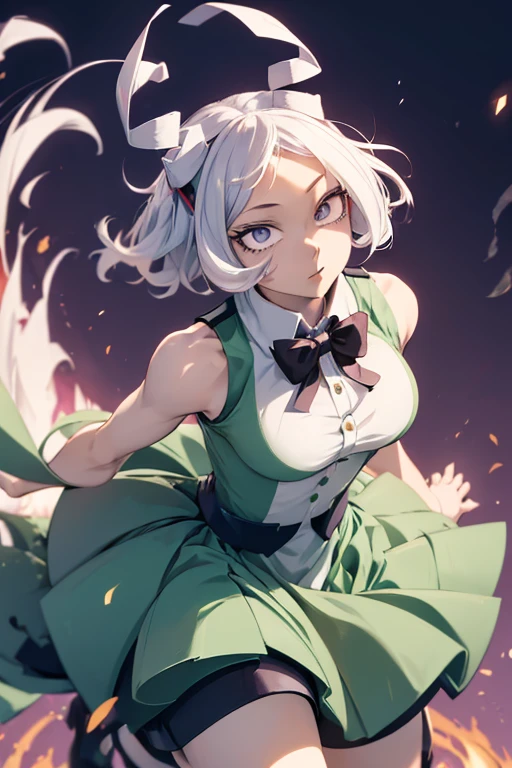 (\burnin moe kamiji)/,(\Character from the Boku no hero academia series)/,(\wearing)/,+,(\a white sleeveless dress, which is fitted at the waist and flares out slightly towards the skirt. The dress has a high collar and a purple bow tied at the front.)/