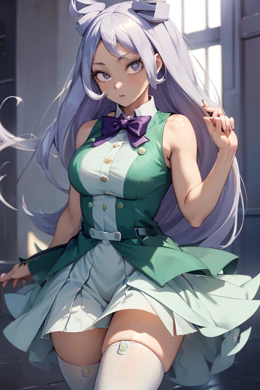 (\burnin moe kamiji)/,(\Character from the Boku no hero academia series)/,(\wearing)/,+,(\a white sleeveless dress, which is fitted at the waist and flares out slightly towards the skirt. The dress has a high collar and a purple bow tied at the front.)/