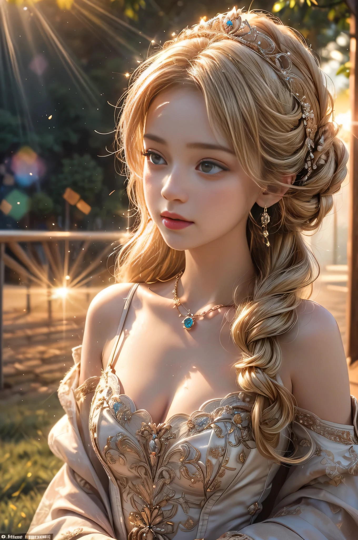 ((RAW shooting:1.5, realistic:1.5, 8K, highest quality, masterpiece, ultra high resolution)), Inside the luxurious British Royal Palace, 
professional camera work:1.3, Highly detailed skin and facial textures:1.3, glow light effect, Super detailed:1.3, 
cute 15 year old swedish princess, Fair skin, Glossy skin, (elegant:1.4, small face), Ultimate Cute Face:1.5, (cute eyes:0.9, looking far away), smile:1.0, (mouth is slightly open:0.4, 
Clean and refreshing taste:0.7), ((long blonde curly hair, hair up)), tiara, necklace and earrings, 
((How to properly wear an elegant and string lingerie with an off-shoulder look)), big breasts, 
cowboy shot, ((sunrise, sunlight shining, Strong sunlight spreads across the screen:1.6)), ((Strong sunlight shines on a woman:1.7)), side shot