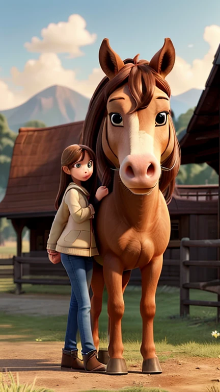 In the image, there is a woman standing next to a horse. The woman appears to be in her late teens or early twenties, with long brown hair. She is wearing a denim jacket and has a gentle expression on her face. The horse is a large brown animal with a white blaze on its forehead, which is a distinctive marking. The horse's ears are perked forward, indicating alertness or attentiveness. They are both standing in a wooden structure that could be a stable or a covered area, with wooden beams visible in the background. The lighting suggests it might be an overcast day or the photo is taken in a shaded area. The overall atmosphere of the image is calm and serene.