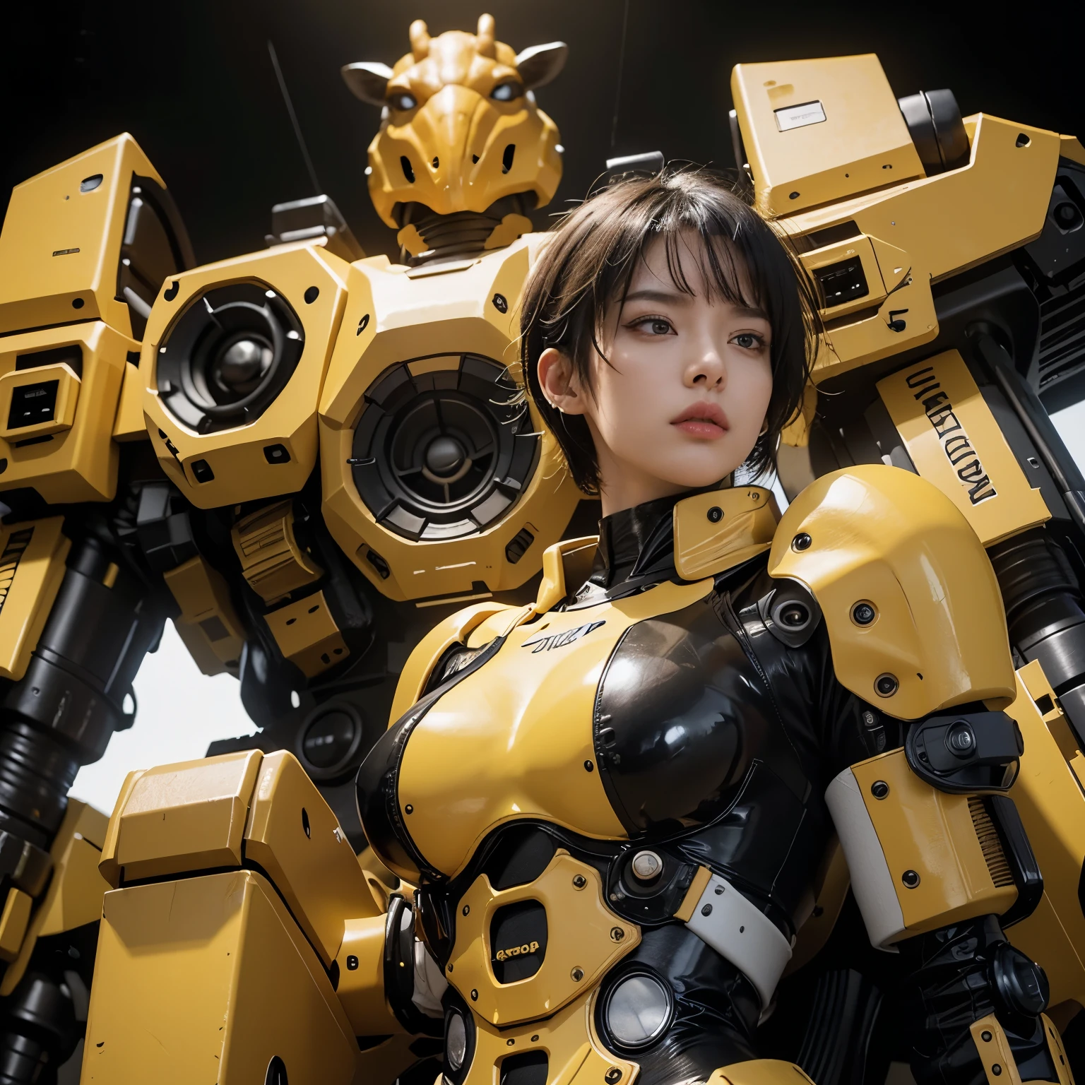 best quality, masterpiece, aesthetic, full-body dynamic pose high quality, 1girl punching, android, (yellow and black) upper armor, mechanical arms, short punk hair, black hair, white background, intense expression, looking at viewer, (simple background:1.4) a (giraffe pattern outfit) yellow and black outfit,sword,beautiful cyberpunk woman,cyberpunk angry gorgeous goddess,beautiful cyborg girl ,hyper realistic,intricate details,cinematic lighting,vibrant colors,award winning,stunning,masterpiece