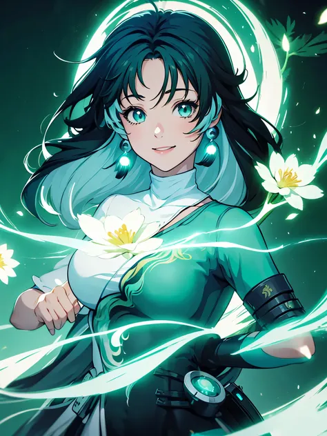 ((semi realistic)), ((anime girl)), jianxin, green air particle, ((cyan aura surrounding character)), forest, tao symbol, wide s...