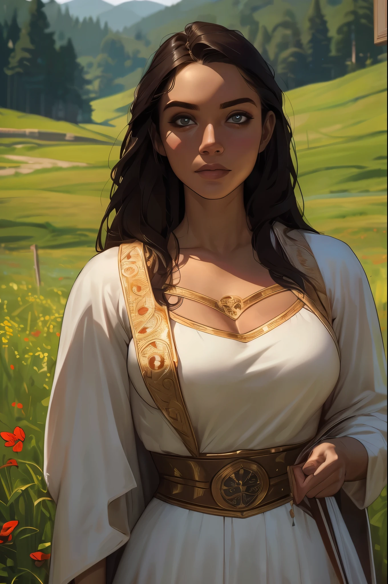 a Westerosi girl, 18 years-old, wearing a long regal dress, sun-tanned complexion, tall, athletic, busty, cleavage, toned midriff, generous hips, dark hair, long hair, waist-length hair, posing in a field of wildflowers, ((dynamixc pose+Interacting+leaning on anything+object+leaning against)), | (8k, RAW photo, best quality, masterpiece:1.2), ultra-detailed, (high detailed skin:1.2), 8k uhd, dslr, soft lighting, high quality, ((upper body)), (centered:1.2), ((LOOKING at the VIEWER)), asura, film grain, highly detailed shading, ((perfect_hands):1), Goodhands-beta2, Detailed eyes, perfect face, perfect eyes, Detailed face,