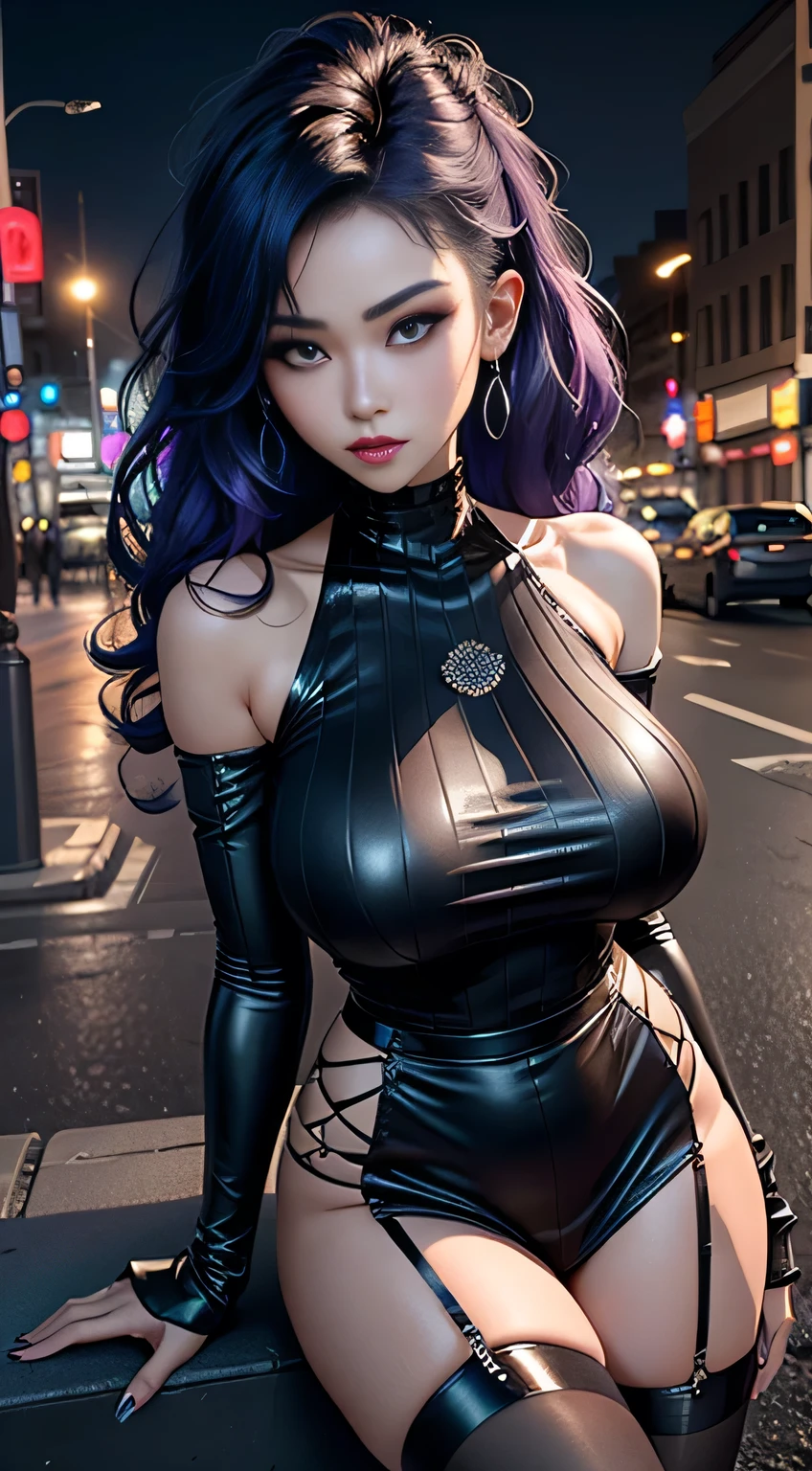 sfw,  4k-ultra sharp、highest quality, masterpiece, ultra high resolution, (reality: 1.4),  16 year old girl, purple eyes, Off-the-shoulder sweater dresses, cinematic lighting、purple and black hair、(mine girl、goth makeup、mine makeup)、(Pierced ears、big breasts、Oversized black T-shirt with open shoulders、dark mini skirt)、((dark makeup、oil skin,sparkling skin、realistic skin texture、detailed beautiful skin、shiny skin)), Dark downtown at night、night、blue film photography、kabukicho、Dark Cyberpunk、(full shot:1.8)、thin legs、thin arms、thin shoulders、thin waist、slender body、big breasts、whole body、Height 161cm、Weight 48Kg、F cup three sizes:B90/W56/H87 A big-breasted  with experience of over 50 people, wearing bra,((skinny waist)), young asian girl, ((big breasted)),