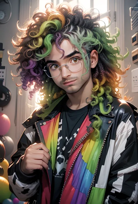 with rainbow curly hair, oculos de sol, rainbow style jacket, fundo fresco do quarto, dedos dos pes a mosta