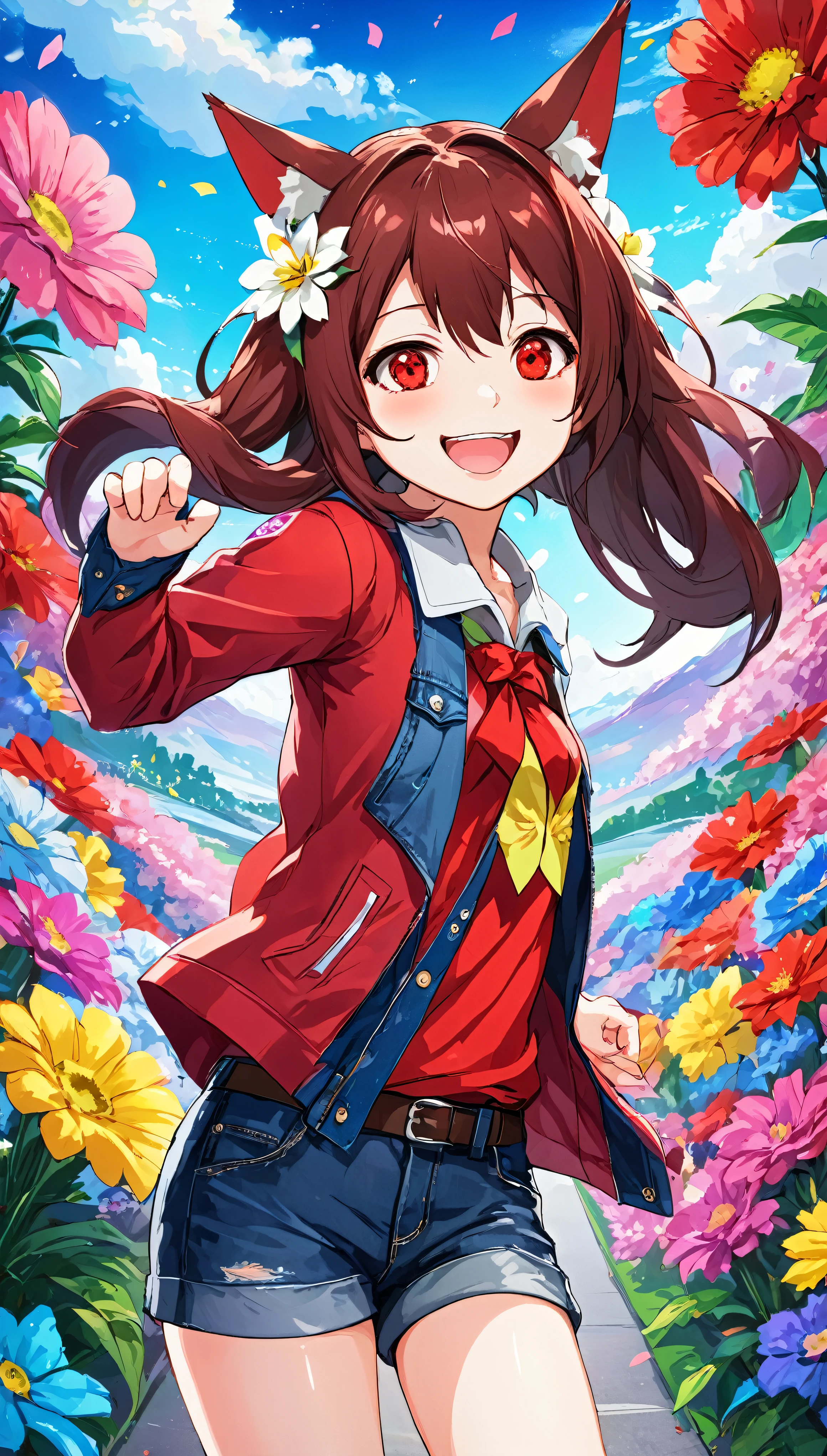 A scene from a movie，Anime Girl Masterpiece、highest quality、Uma Musume Pretty Derby。1girl、solo、Haruurara、Denim pants、Red Shirt、accessories(0.6)、Open-mouthed and smiling broadly、Surrounded by colorful backgrounds、Flower-shaped pupils sparkle。