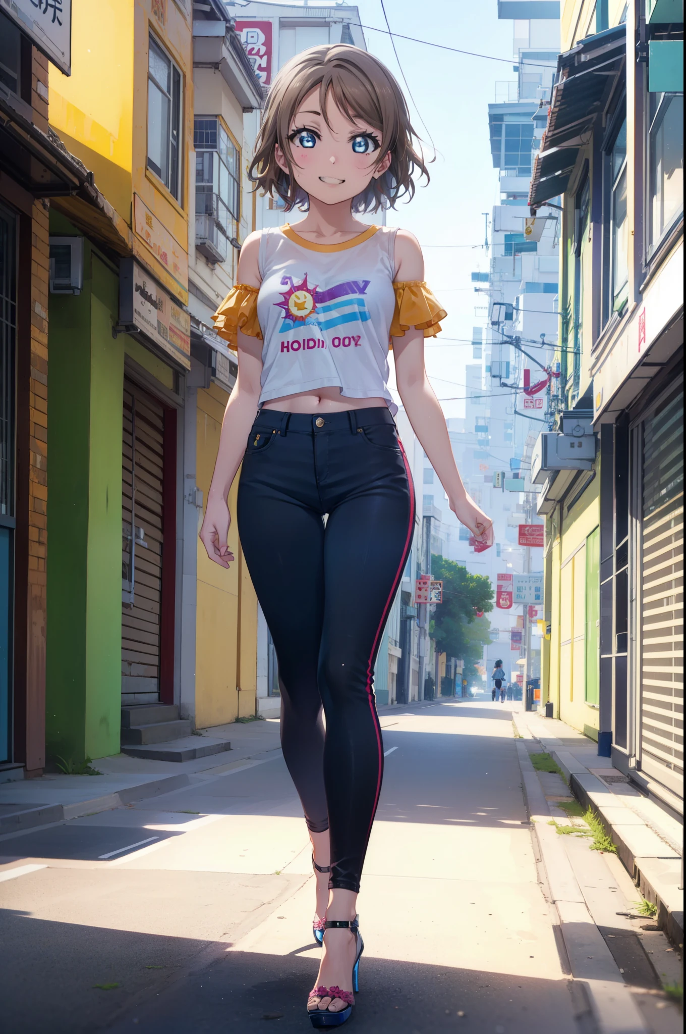 Yo Watanabe, Yu Watanabe, short hair, blue eyes, Brown Hair, Orange hair band,smile, Grin,Cold shoulder tops,Short sleeve,skinny pants,Stiletto heels,Walking,morning,morning陽,The sun is rising,whole bodyがイラストに入るように,
break outdoors, Building district,Coastal Road,
break looking at viewer, whole body,
break (masterpiece:1.2), highest quality, High resolution, unity 8k wallpaper, (figure:0.8), (Beautiful fine details:1.6), Highly detailed face, Perfect lighting, Highly detailed CG, (Perfect hands, Perfect Anatomy),