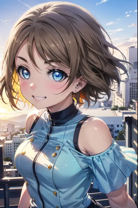 Yo Watanabe, Yu Watanabe, short hair, blue eyes, Brown Hair, Orange hair band,smile, Grin,Cold shoulder tops,Short sleeve,skinny...