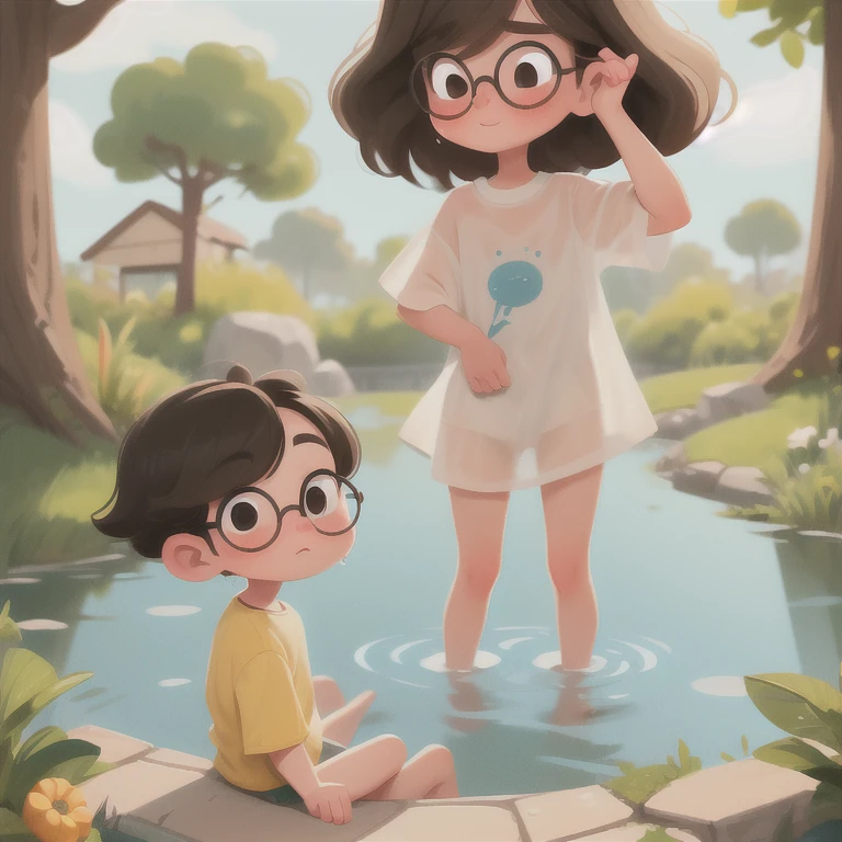 (masterpiece, highest quality:1.2), Fisheye Lens，13-year-old girl:1.2，low length，Very thin thighs，Black Hair，Glasses，He seemed fine...，Very detailed，(((The kids))) ，Very low length，Thin thighs，Brown Hair, a bit:1.2, Brown eyes, bangs, short hair, whole body, bangs, blush，Fountain Square pond in early summer，oversized white t-shirt:1.2，wet, see-through clothing，Soaking wet，barefoot，Laughing happily，lot of splash of water，Water Drop，Water Play，Sweat，Drenched，The kids in the background，Jojo Fashion，Bruises and gestures，