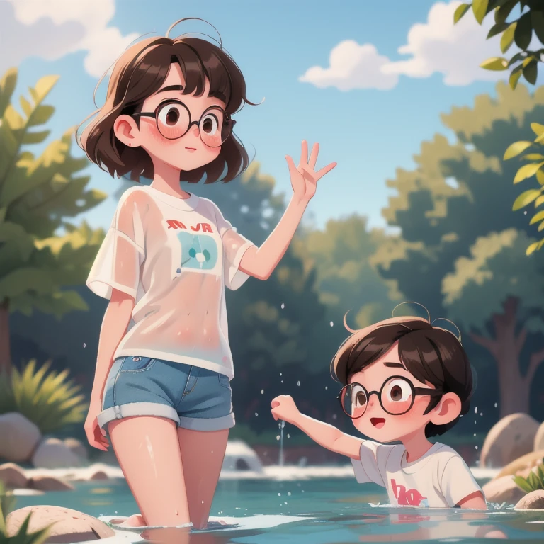 (masterpiece, highest quality:1.2), Fisheye Lens，13-year-old girl:1.2，low length，Very thin thighs，Black Hair，Glasses，He seemed fine...，Very detailed，(((The kids))) ，Very low length，Thin thighs，Brown Hair, a bit:1.2, Brown eyes, bangs, short hair, whole body, bangs, blush，Fountain Square pond in early summer，oversized white t-shirt:1.2，White panties，Wet, see-through clothing，Soaking wet，barefoot，Laughing happily，lot of splash of water，Water Drop，Water Play，Sweat，Drenched，The kids in the background，Jojo Fashion，Bruises and gestures，
