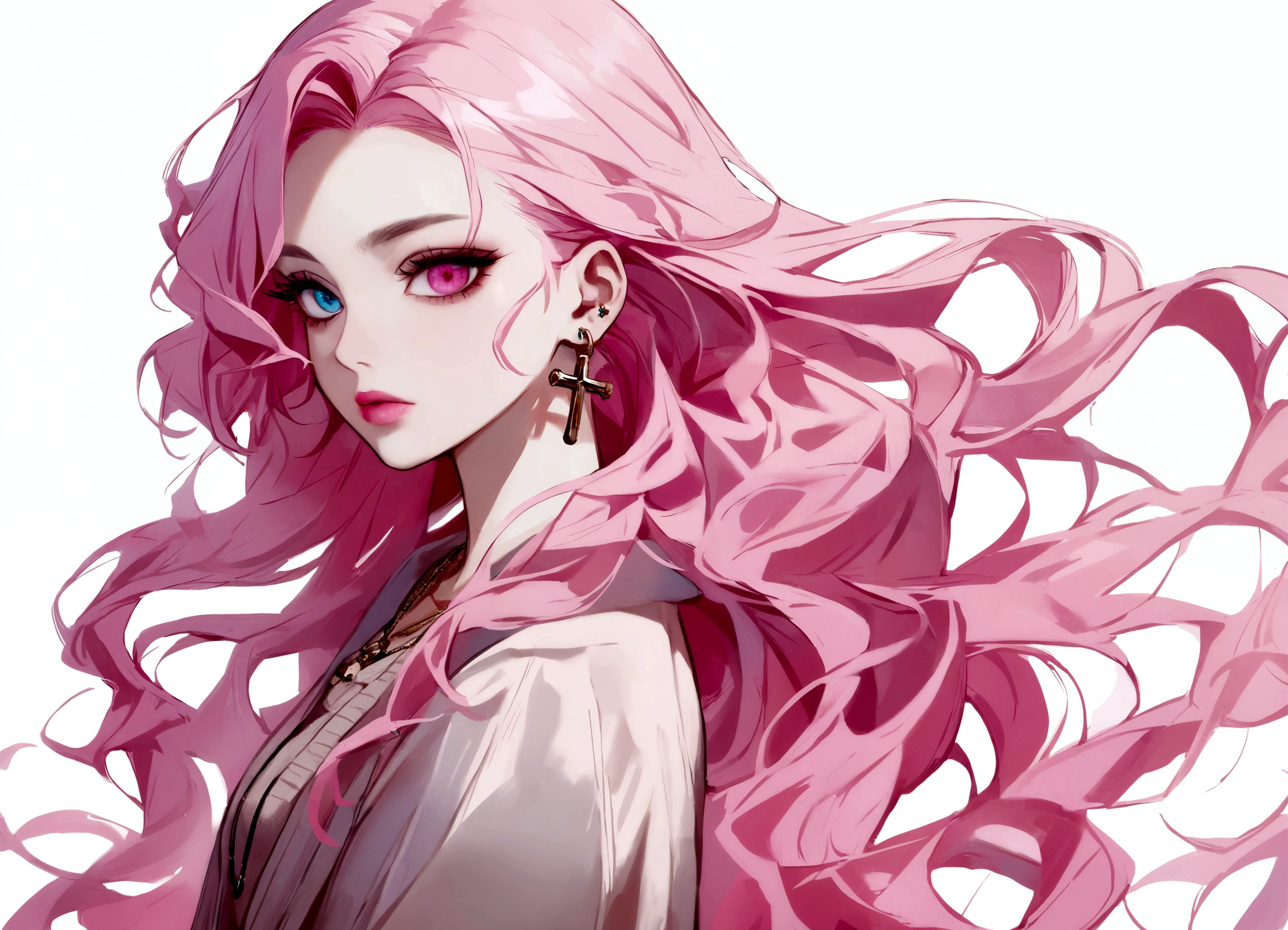 Hongliu, 1 girl, alone, long hair, looking at the viewer, blue eyes background, white background, jewelry, closed mouth, Jacket, Upper body, pink hair, earrings, pink eyes, necklace, From the side, sweater, lips, eyelash, compensate, wavy hair, earrings, cross, lipstick, ear earrings, eye shadow, hoop earrings, pink lips, multicolored eyes, pink theme, , pink eye shadow,