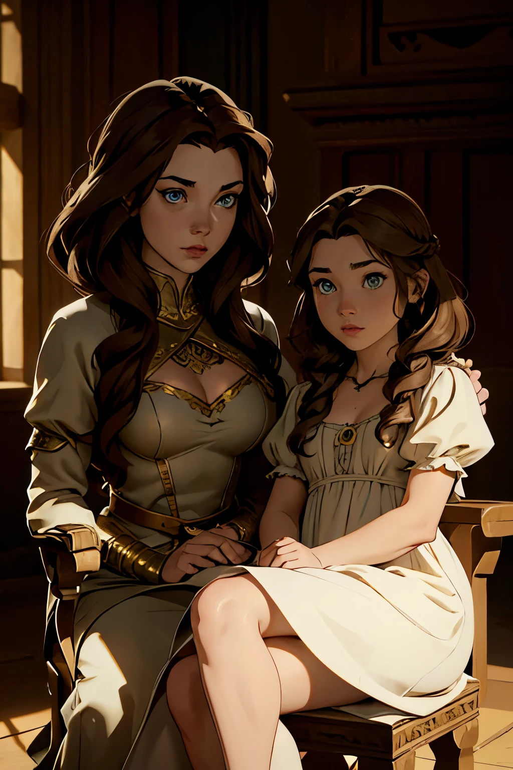 ((Mother and Daughter)), medieval character concept art, ((masterpiece)),((high resolution)),((best quality)), extremely fine and beautiful, super fine illustration, (realistic skin), (insanely detailed anime eyes), mature, vivid and beautiful, shocking sensation, incredibly detailed, beautiful detailed girl, sultry, (medium supple breasts:1.0), front view, facing at viewer, (long cotton dress:1.0) ((brown hair)), (very long braided hair), (plump thighs:0.8), (wide hips:0.8), movie lighting, weighted shadows, weighted hair, realistic physics, perfect shadow, realistic lighting shaded, medieval throne room scenery