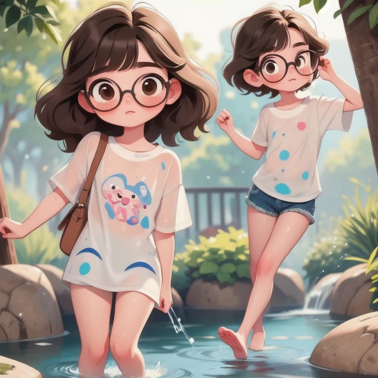 (masterpiece, highest quality:1.2), Fisheye Lens，13-year-old girl:1.2，low length，Very thin thighs，Black Hair，Glasses，He seemed fine...，Very detailed，(((The kids))) ，Very low length，Thin thighs，Brown Hair, a bit:1.2, Brown eyes, bangs, short hair, whole body, bangs, blush，Fountain Square pond in early summer，oversized white t-shirt:1.2，Off the shoulder:1.2，White panties:1.2，Wet, see-through clothing，Soaking wet，barefoot，Laughing happily，lot of splash of water，Water Drop，Water Play，Sweat，Drenched，The kids in the background，Jojo Fashion，Bruises and gestures，