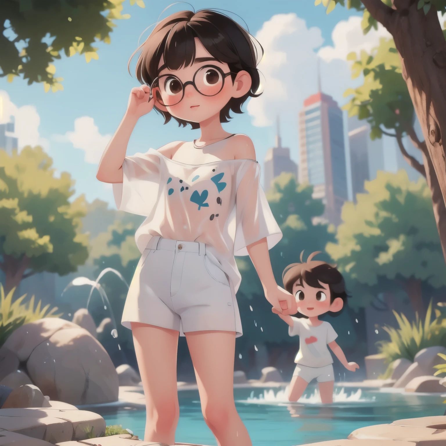 (masterpiece, highest quality:1.2), Fisheye Lens，13-year-old girl:1.2，low length，Very thin thighs，Black Hair，Glasses，He seemed fine...，Very detailed，(((The kids))) ，Very low length，Thin thighs，Brown Hair, a bit:1.2, Brown eyes, bangs, short hair, whole body, bangs, blush，Fountain Square pond in early summer，oversized white t-shirt:1.2，Off the shoulder:1.2，White Printed Panties:1.2，Wet, see-through clothing，Soaking wet，barefoot，Laughing happily，lot of splash of water，Water Drop，Water Play，Sweat，Drenched，The kids in the background，Jojo Fashion，Bruises and gestures，