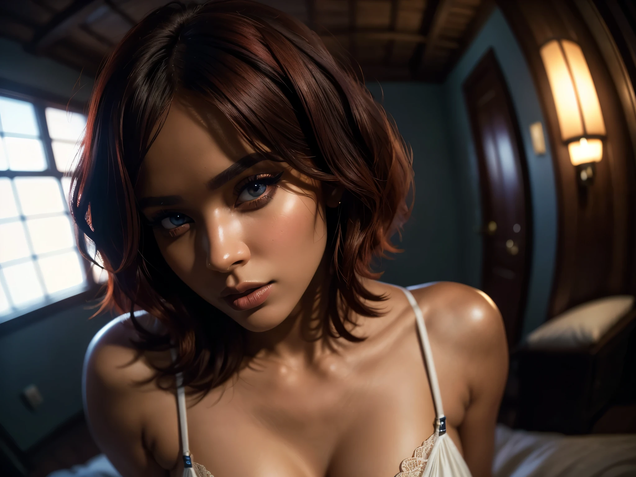 uma linda mulher com pele escura, corte de cabelo bob vermelho, olhos azuis expressivos, Usando lingerie de renda branca, em um quarto com uma sexy, atmosfera erótica, (melhor qualidade,4K,8K,alta resolução,Obra de arte:1.2),ultra-detalhado,(realista,photorealista,photo-realista:1.37),retrato,iluminação claro-escuro,iluminação dramática,cinematic,cores dramáticas,Cores ricas,pele brilhante,características faciais detalhadas,Sensual,Sedutor, Detalhes intrincados,iluminação dramática,composição cinematográfica,Sensual,expressão cativante,Sedutor. HDMI, hdri, HDHD,((Efeito difuso)), ((efeito de volume 1.1)), ((Profundidade de campo 1.1)), ((lente olho de peixe)