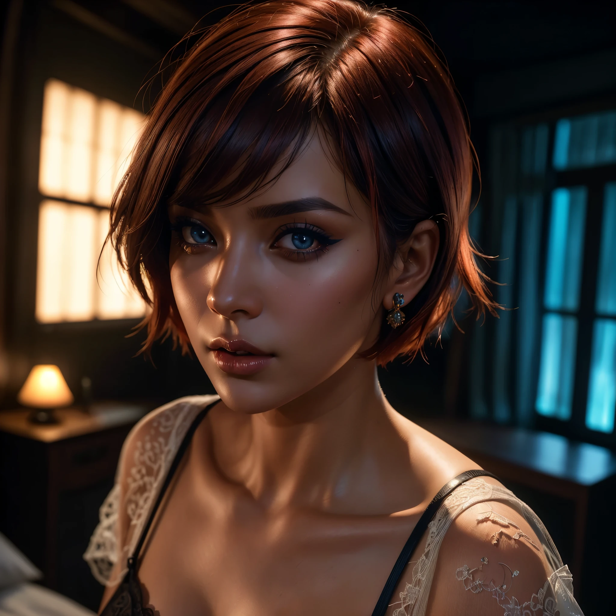 a beautiful woman with dark skin, red bob haircut, expressive blue eyes, wearing white lace lingerie, in a bedroom setting with a sexy, erotic atmosphere, (best quality,4k,8k,highres,masterpiece:1.2),ultra-detailed,(realistic,photorealistic,photo-realistic:1.37),portrait,chiaroscuro lighting,dramatic lighting,cinematic,dramatic colors,rich colors,glowing skin,detailed facial features,sensual,alluring, intricate details,dramatic lighting,cinematic composition,sensual,captivating expression,alluring. HDMI, HDRI, UDHD,((Diffuse effect)), ((volume effect 1.1)), ((Depth of field 1.1)), ((fisheye lens)