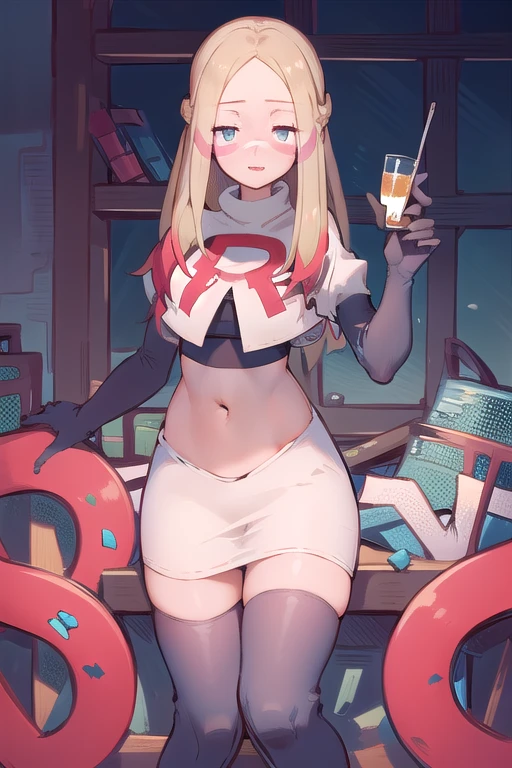 masterpiece, best quality, highres, abcmina, long hair, eyelashes, half-closed eyes, facepaint, team rocket,team rocket uniform,white skirt,red letter R,crop top,black thigh-highs,black elbow gloves,