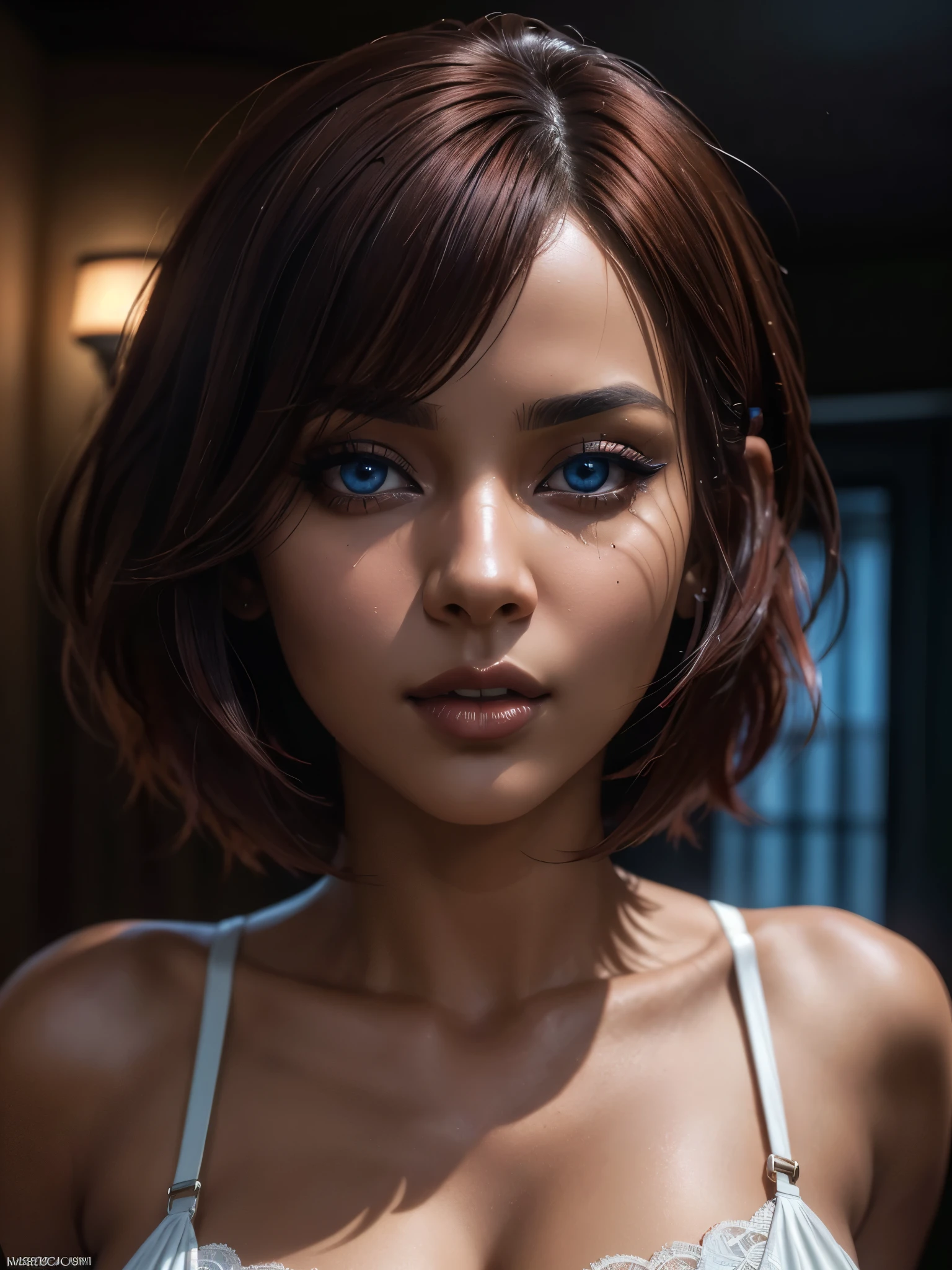 a beautiful woman with dark skin, red bob haircut, expressive blue eyes, wearing white lace lingerie, in a bedroom setting with a sexy, erotic atmosphere, (best quality,4k,8k,highres,masterpiece:1.2),ultra-detailed,(realistic,photorealistic,photo-realistic:1.37),portrait,chiaroscuro lighting,dramatic lighting,cinematic,dramatic colors,rich colors,glowing skin,detailed facial features,sensual,alluring, intricate details,dramatic lighting,cinematic composition,sensual,captivating expression,alluring. HDMI, HDRI, UDHD,((Diffuse effect)), ((volume effect 1.1)), ((Depth of field 1.1)), ((fisheye lens)