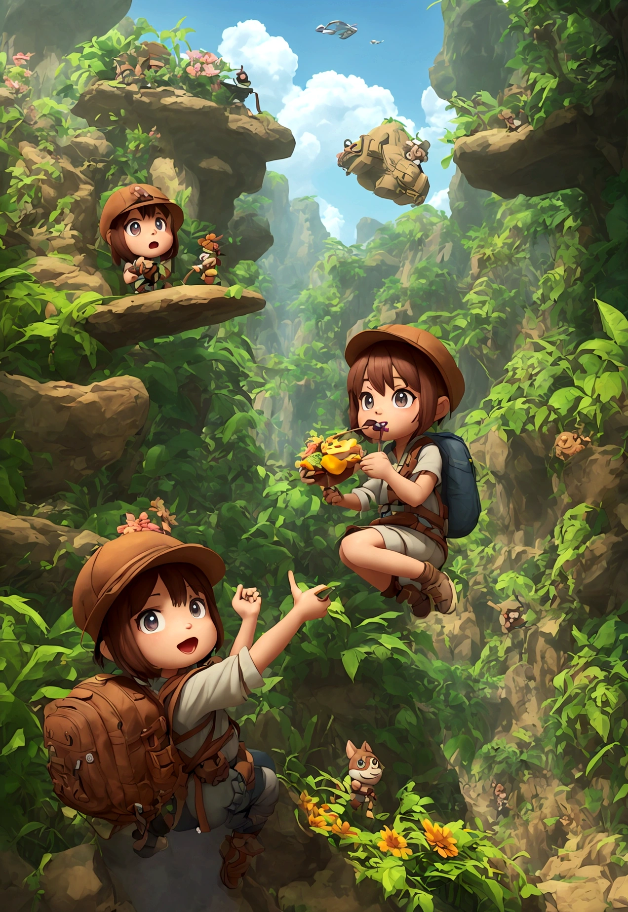 Character sheet of a cartoon character in a hat and backpack, female explorer mini cute girl, eating the food in the wilderness, flower jungle, animation style rendering, cute 3 D rendering, small characters. Unreal Engine 5, stylized anime, cute detailed digital art, Atey Ghailan 8 K, stylized 3D rendering, adventure surreal rendering, anime style 3D, 3D rendering stylized, multiple poses, 