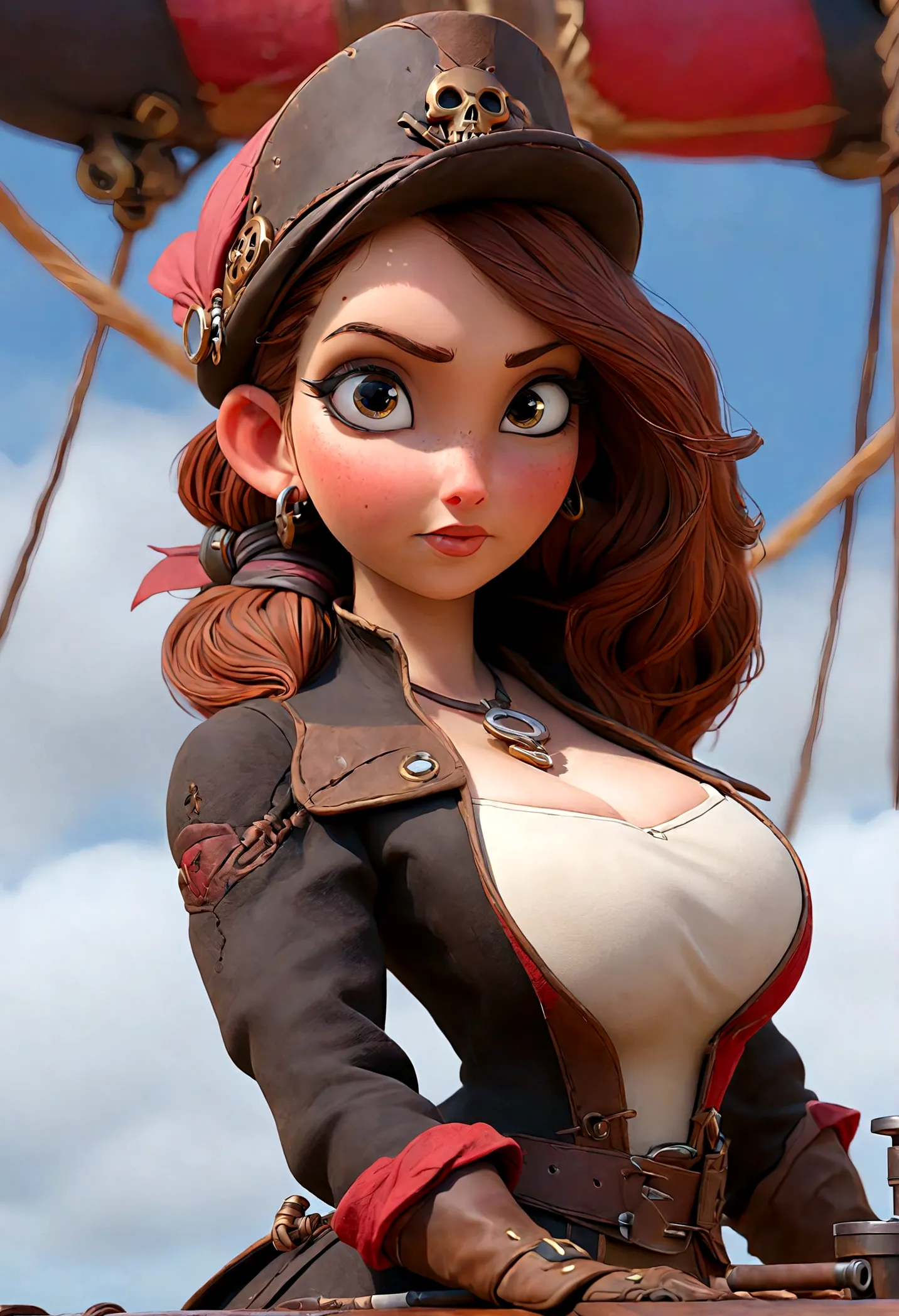 a cute woman sky pirate, sexy over exposed pirate outfit, sword pistol at side, pirate hat, red themed steampunk airship, crew, ...