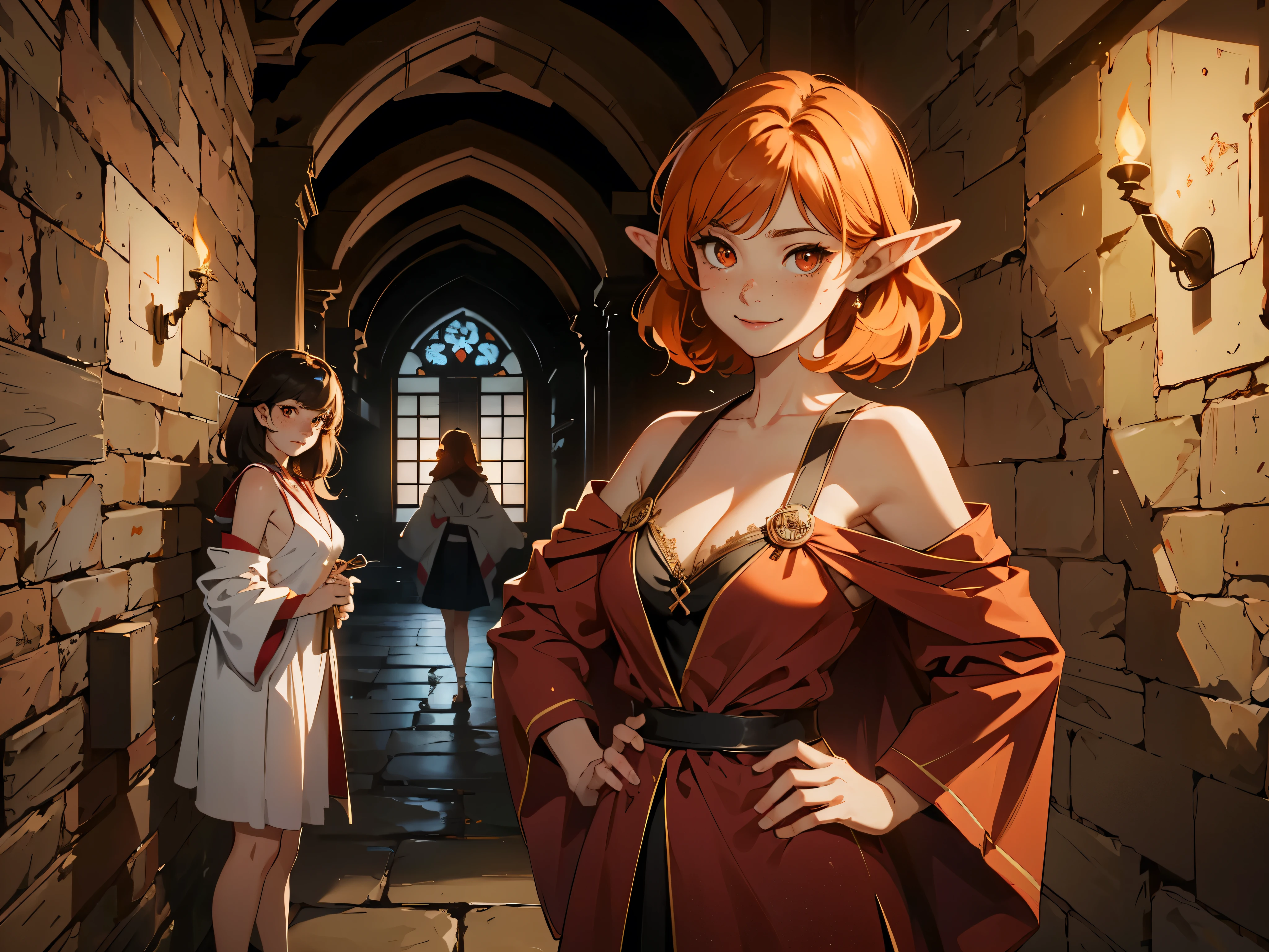 (masterpiece, high resolution, ultra - detailed:1.0),2 girls, Young and beautiful women, (((freckles))), long elf ears, eyes looking away from camera, ((grinning)), Perfect female body, (upper body), (medieval room), Extremely detailed CG, Unity 8k wallpaper, Complicated details, solo person, (red eyes), diamond shaped eyes, medium hair length, (orange hair), ((cute robes)), bare_shoulders, short skirt, cleavage, (hands on hips), happy, marble hallway, (torches), (sandstone design),((Dark night)), Portrait, color difference, Depth of field, dramatic shadows, Ray tracing, Best quality, Cinematic lighting ,official art,