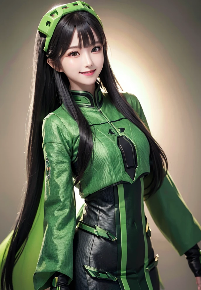 Armoured girl, realistic, long hair, lite green black robotics, smile,