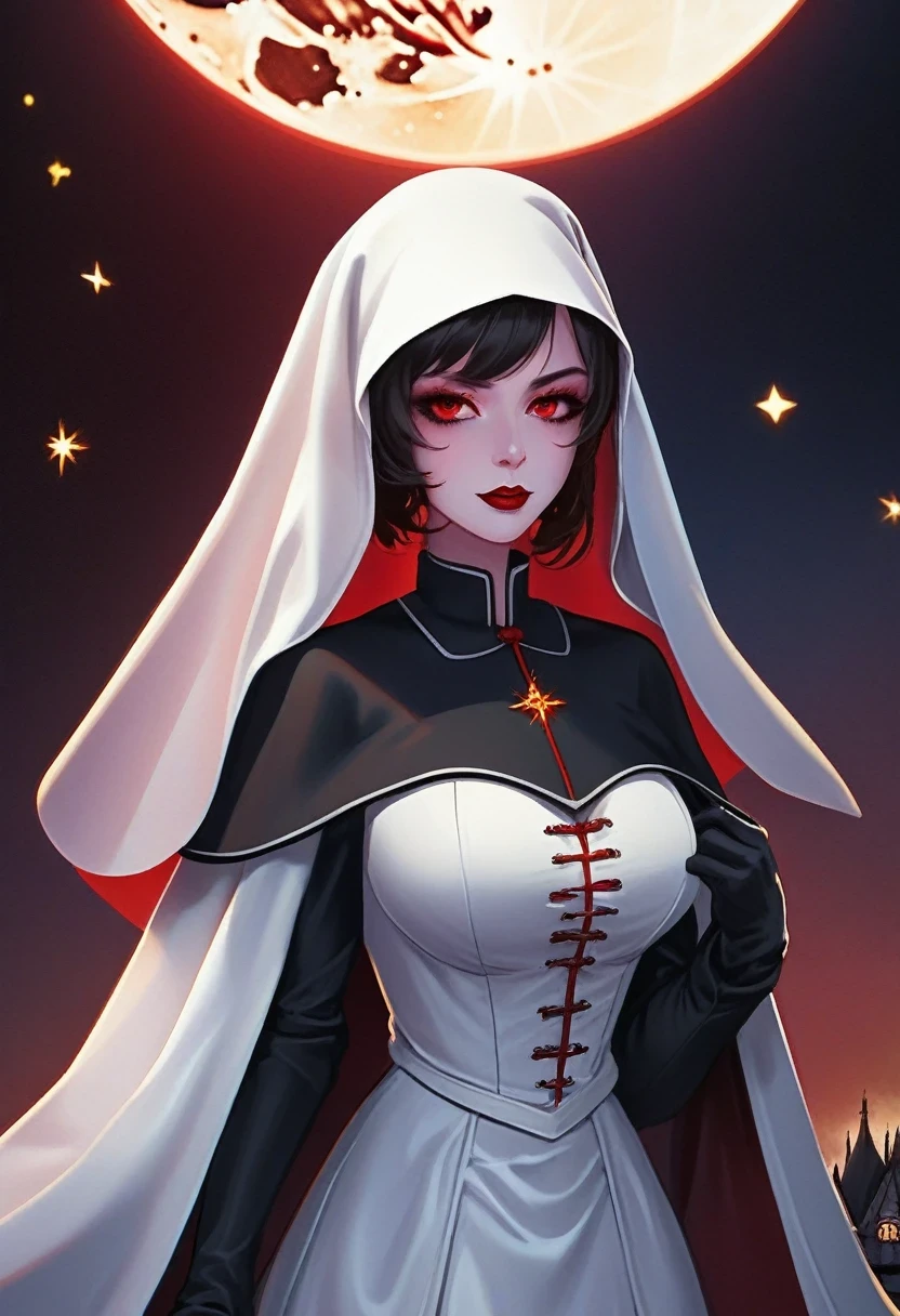 a picture of an exquisite beautiful female (nun: 1.3) vampire standing under the starry night sky on the porch of her monastary, action shot, dynamic angle (ultra detailed, Masterpiece, best quality), ultra detailed face (ultra detailed, Masterpiece, best quality), ultra feminine, (pale skin: 1.3), red hair, wavy hair, dynamic eyes color, cold eyes, glowing eyes, intense eyes, dark red lips, ((fangs: 1.1)), wearing white nun habit (ultra detailed, Masterpiece, best quality), wearing (blue cloak: 1.3) (ultra detailed, Masterpiece, best quality), long cloak, flowing cloak (ultra detailed, Masterpiece, best quality), wearing (high heeled boots: 1.3), sky full of stars background, moon, bats flying about, action shot, high details, best quality, 16k, [ultra detailed], masterpiece, best quality, (ultra detailed), full body, ultra wide shot, photorealism, dark fantasy art, dark fantasy art, gothic art, many stars, dark fantasy art, gothic art, sense of dread,  GlowingRunesAI_red, Cinematic Hollywood Film style