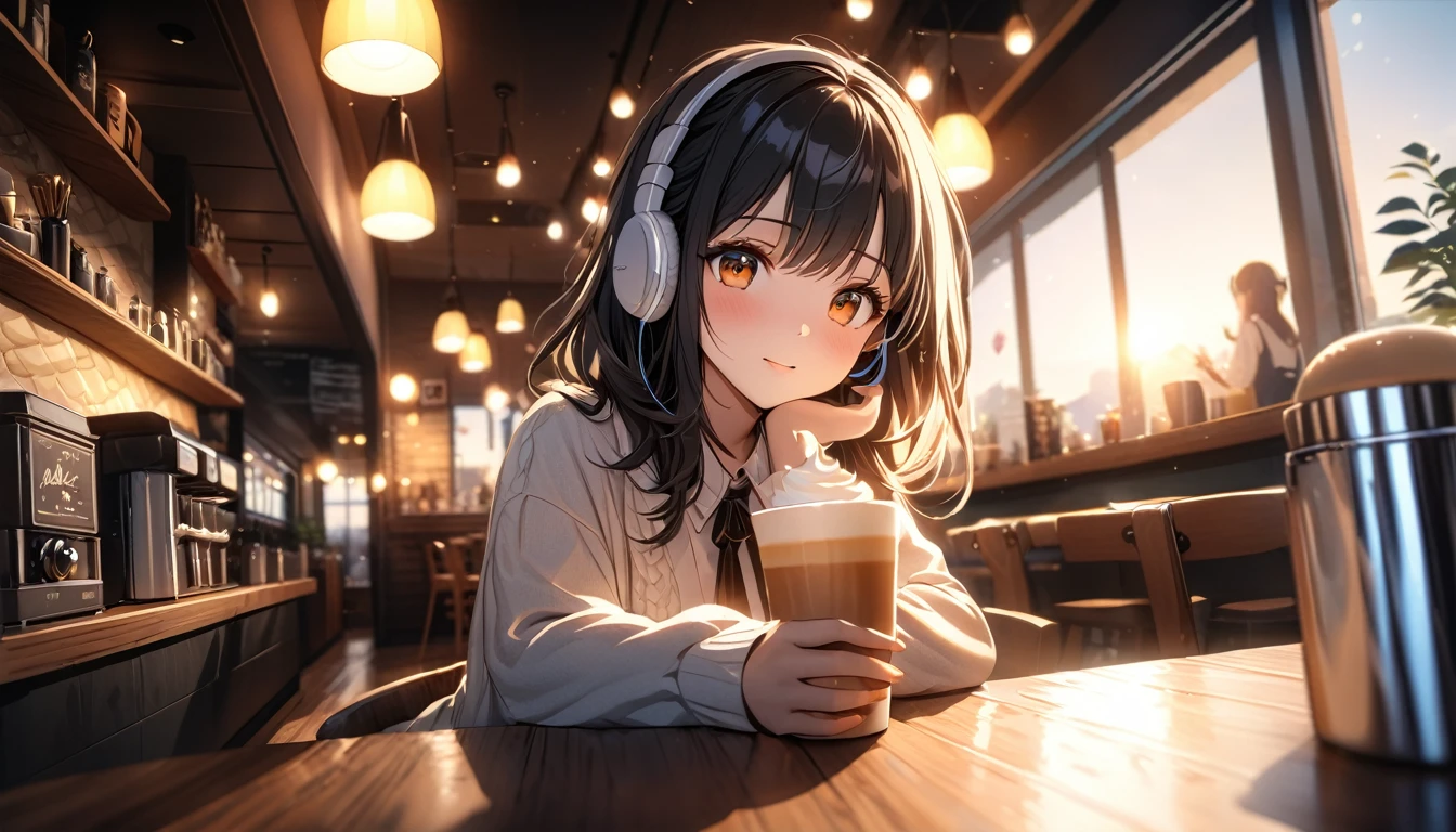 highest quality, Ultra-high resolution, One Girl, Morning Cafe、Drink coffee、cute,(Black Hair:1), ((Puffy eyes)), View your viewers(Depth of Field HDR 8K 4K Wallpaper Cinematic Angle, Cafe lighting(masterpiece, highest quality:2.0),headphone,listen to music