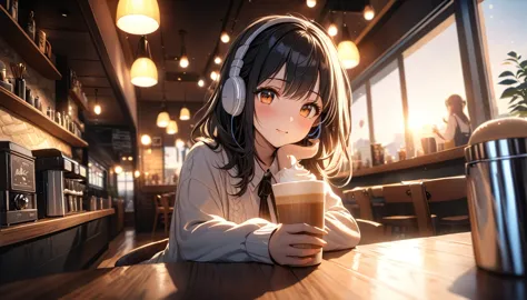 highest quality, ultra-high resolution, one girl, morning cafe、drink coffee、cute,(black hair:1), ((puffy eyes)), view your viewe...