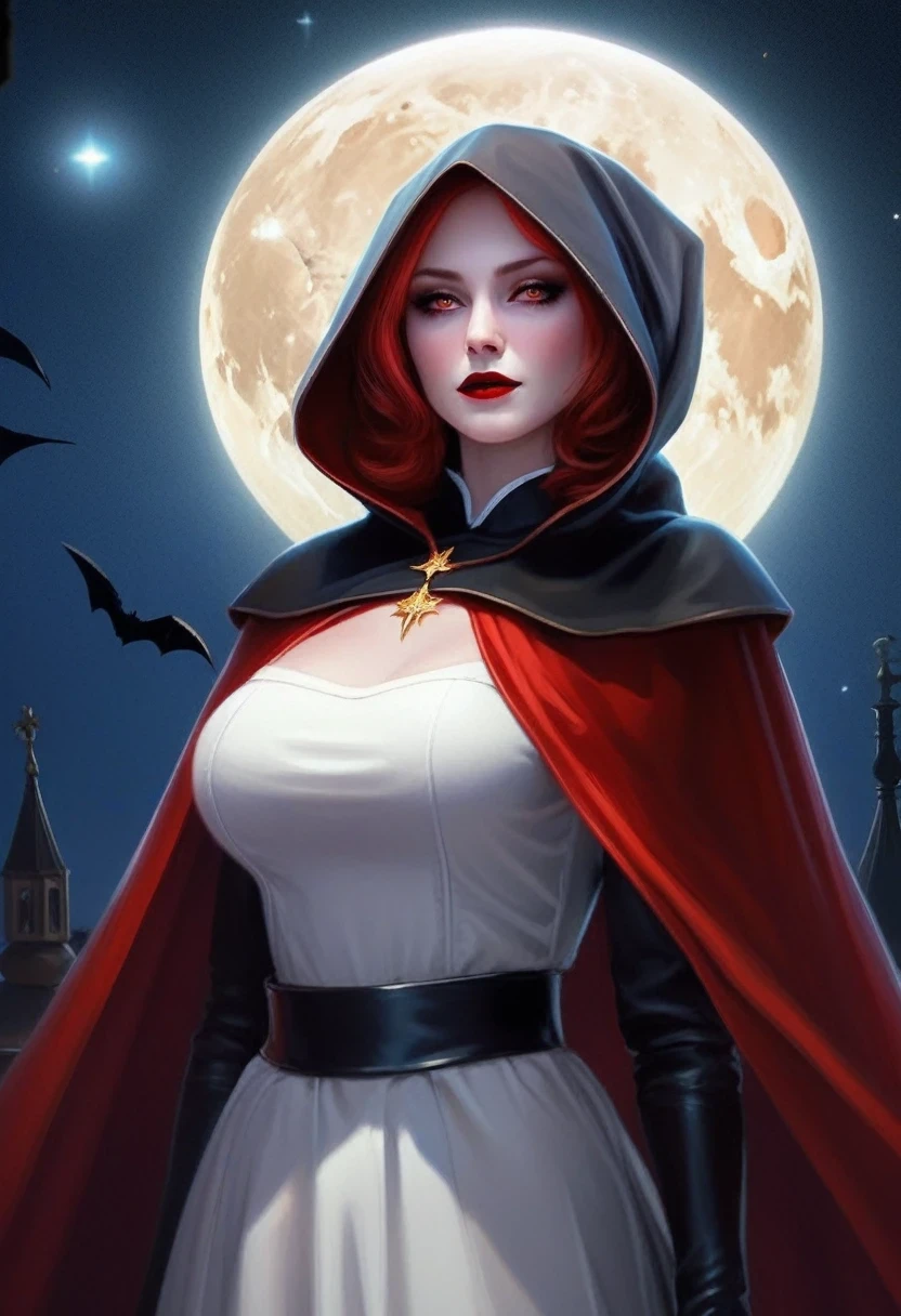 uma foto de uma mulher linda e requintada (nun: 1.3) vampira parada sob o céu noturno estrelado na varanda de seu monastério, foto de ação, Ângulo Dinâmico (ultra detalhado, obra de arte, melhor qualidade), ultra detalhado face (ultra detalhado, obra de arte, melhor qualidade), ultra feminine, (pele pálida: 1.3), vermelho hair, Cabelo ondulado, cor dinâmica dos olhos, Olhos frios, olhos brilhantes, olhos intensos, dark vermelho lips, ((presas: 1.1)), Vestindo white nun habit (ultra detalhado, obra de arte, melhor qualidade), Vestindo (manto azul: 1.3) (ultra detalhado, obra de arte, melhor qualidade), manto longo, Manto esvoaçante (ultra detalhado, obra de arte, melhor qualidade), Vestindo (botas de salto alto: 1.3), céu cheio de fundo de estrelas, lua, morcegos voando, foto de ação, detalhes altos, melhor qualidade, 16k, [ultra detalhado], obra de arte, melhor qualidade, (ultra detalhado), corpo todo, foto ultra ampla, fotorrealismo, arte de fantasia sombria, arte de fantasia sombria, arte gótica, muitas estrelas, arte de fantasia sombria, arte gótica, sensação de pavor,  GlowingRunesAI_vermelho, Estilo cinematográfico de filme de Hollywood