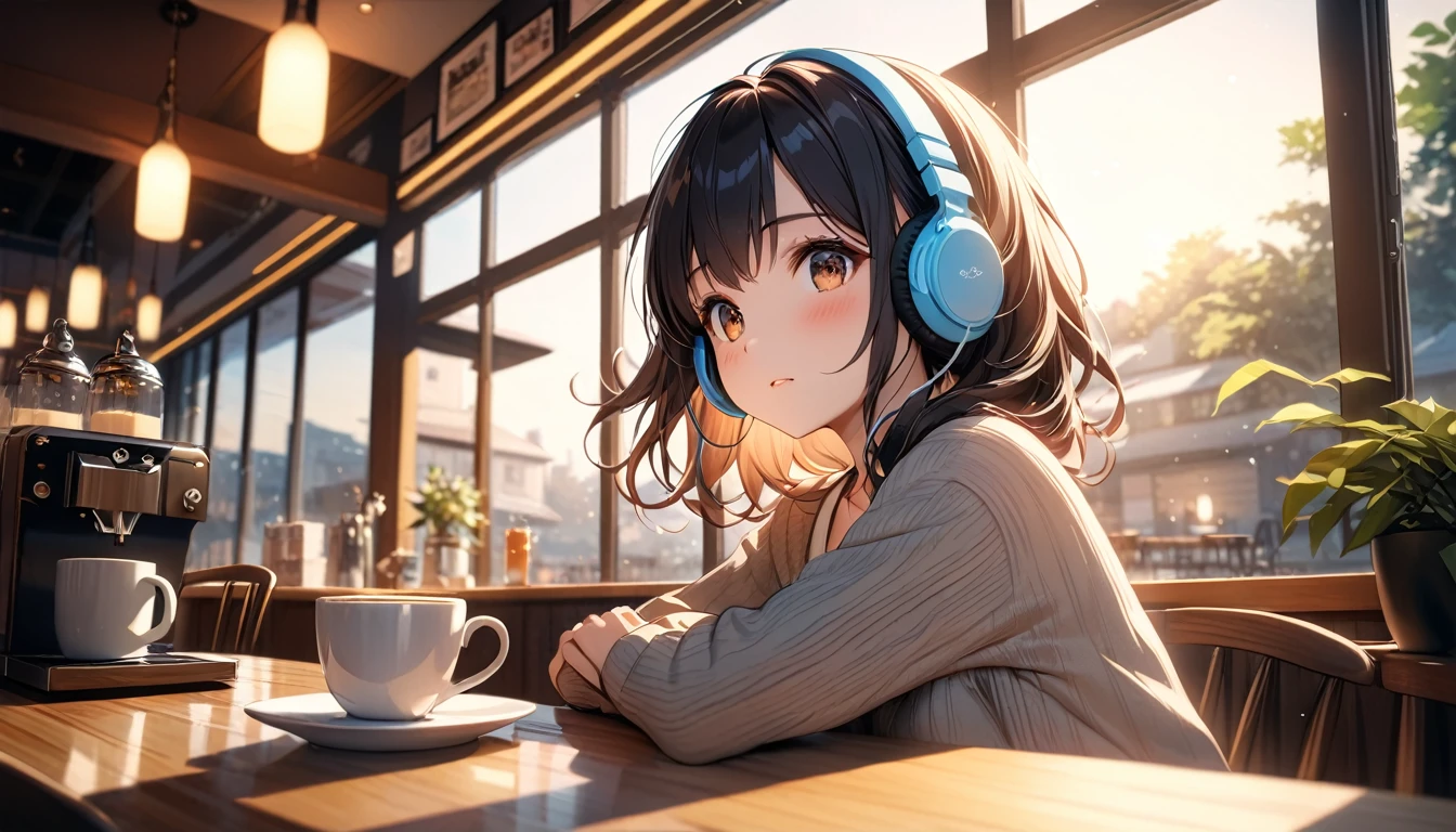 highest quality, Ultra-high resolution, One Girl, Morning Cafe、Drink coffee、cute,(Black Hair:1), ((Puffy eyes)), Looking out the window(Depth of Field HDR 8K 4K Wallpaper Cinematic Angle, Cafe lighting(masterpiece, highest quality:2.0),headphone,listen to music