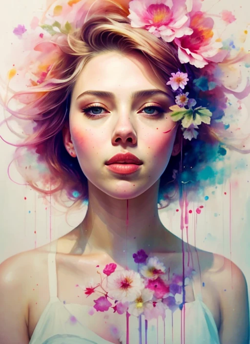 une peinture abstraite de Scarlett Johansen mélangée à une fleur par Agnes Cecile, conception lumineuse, couleurs pastel, des gouttes d&#39;encre, lumières d&#39;été, double exposition, Artistique, Esthétique, unique