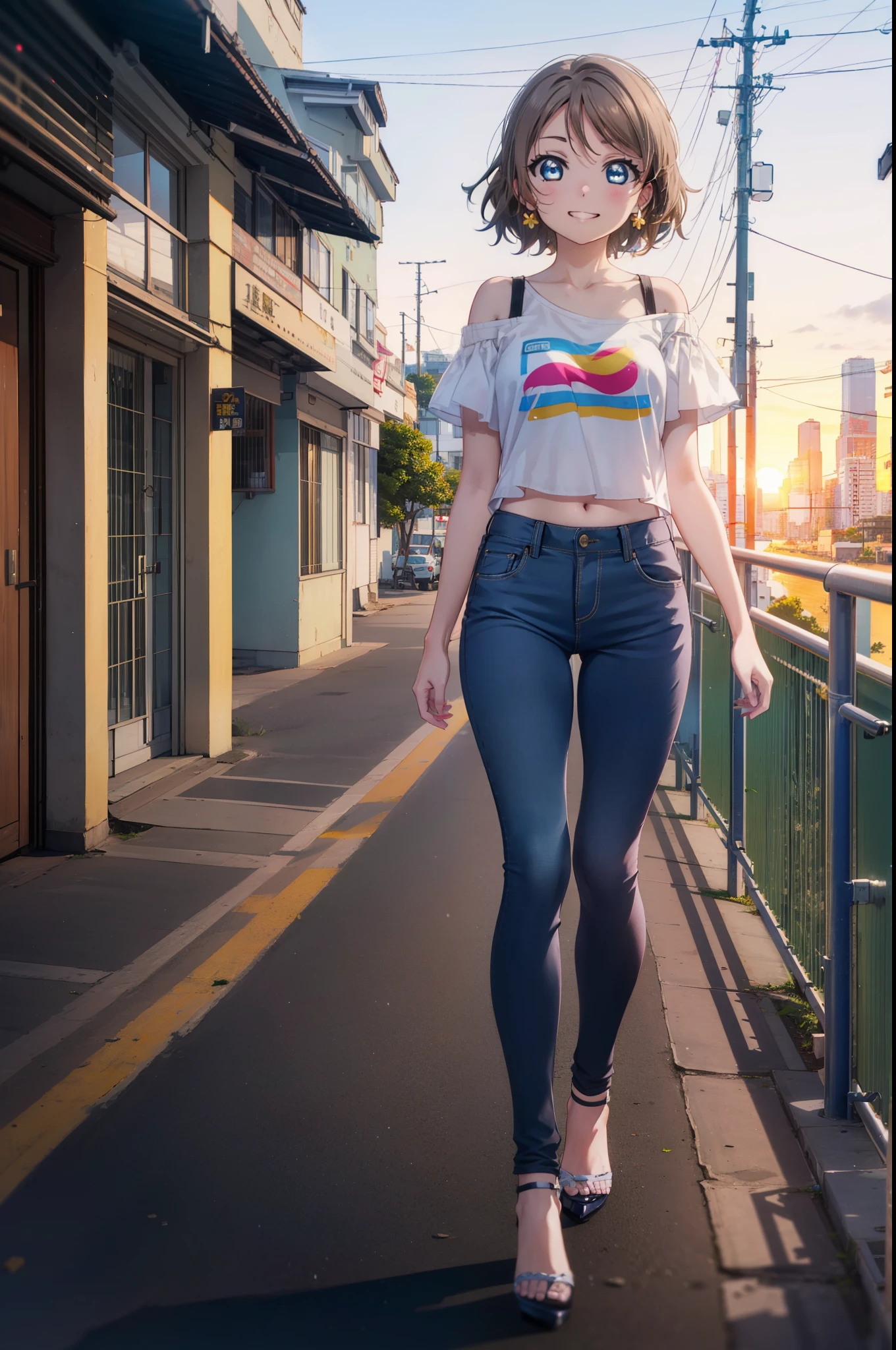 Yo Watanabe, Yu Watanabe, short hair, blue eyes, Brown Hair, Orange hair band,smile, Grin,Cold shoulder tops,Short sleeve,skinny pants,Stiletto heels,Walking,morning,morning陽,The sun is rising,whole bodyがイラストに入るように,
break outdoors, Building district,Coastal Road,
break looking at viewer, whole body,
break (masterpiece:1.2), highest quality, High resolution, unity 8k wallpaper, (figure:0.8), (Beautiful fine details:1.6), Highly detailed face, Perfect lighting, Highly detailed CG, (Perfect hands, Perfect Anatomy),