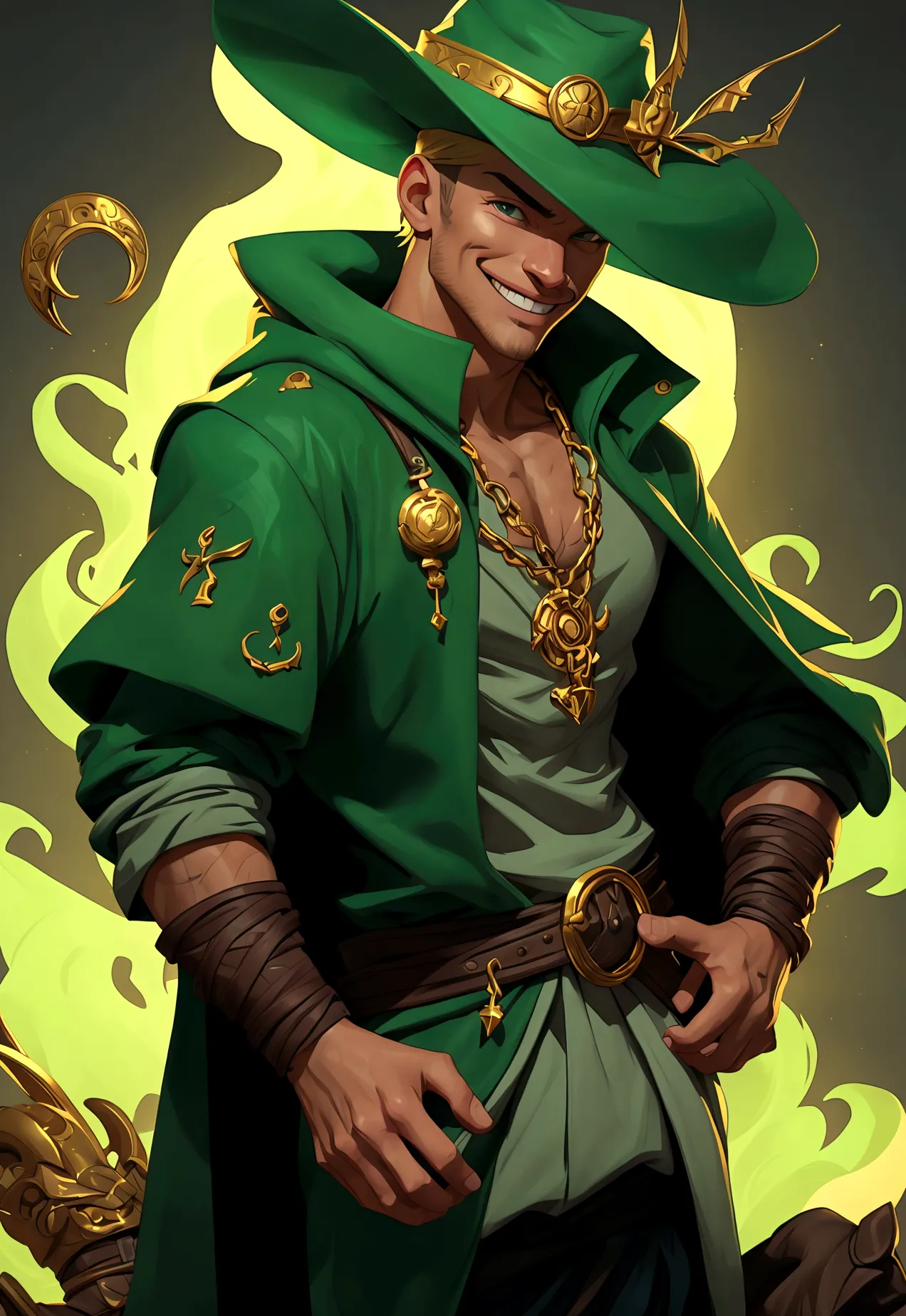 jax is a charming, adventurous guy with a mischievous grin. he wears a bright green hat and a matching cloak with a golden clasp...