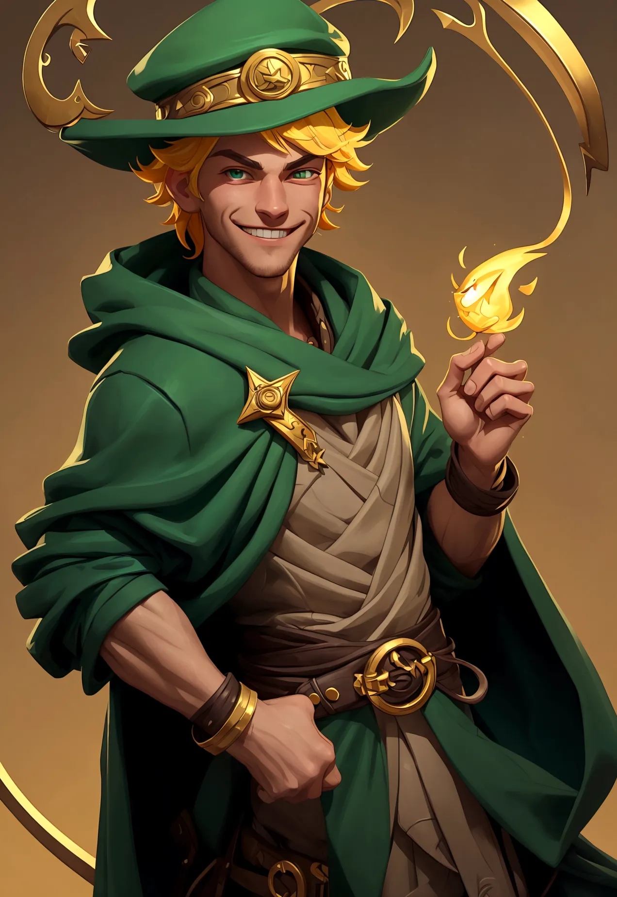Jax is a charming, adventurous guy with a mischievous grin. He wears a bright green hat and a matching cloak with a golden clasp...