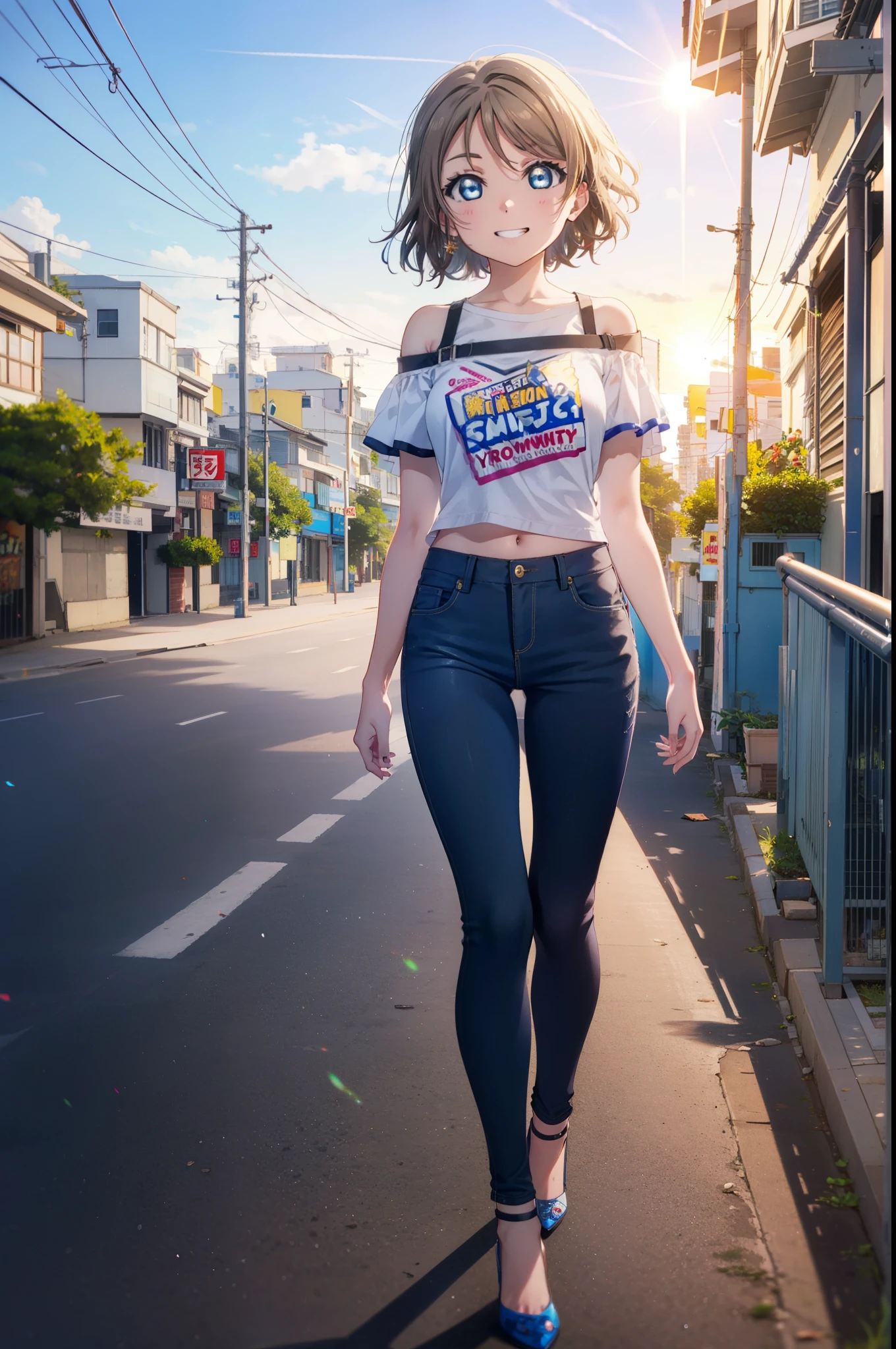 Yo Watanabe, Yu Watanabe, short hair, blue eyes, Brown Hair, Orange hair band,smile, Grin,Cold shoulder tops,Short sleeve,skinny pants,Stiletto heels,Walking,morning,morning陽,The sun is rising,whole bodyがイラストに入るように,
break outdoors, Building district,Coastal Road,
break looking at viewer, whole body,
break (masterpiece:1.2), highest quality, High resolution, unity 8k wallpaper, (figure:0.8), (Beautiful fine details:1.6), Highly detailed face, Perfect lighting, Highly detailed CG, (Perfect hands, Perfect Anatomy),