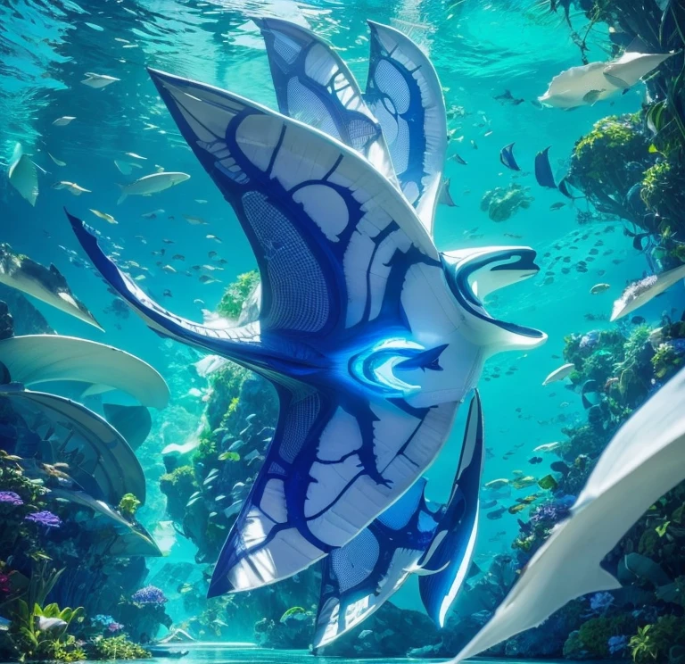 A giant manta, white with blue fluorescent designs in the back, with 6 wings, photorealistic, 8k, uhd, masterpiece, in a underground sea of nitorgen