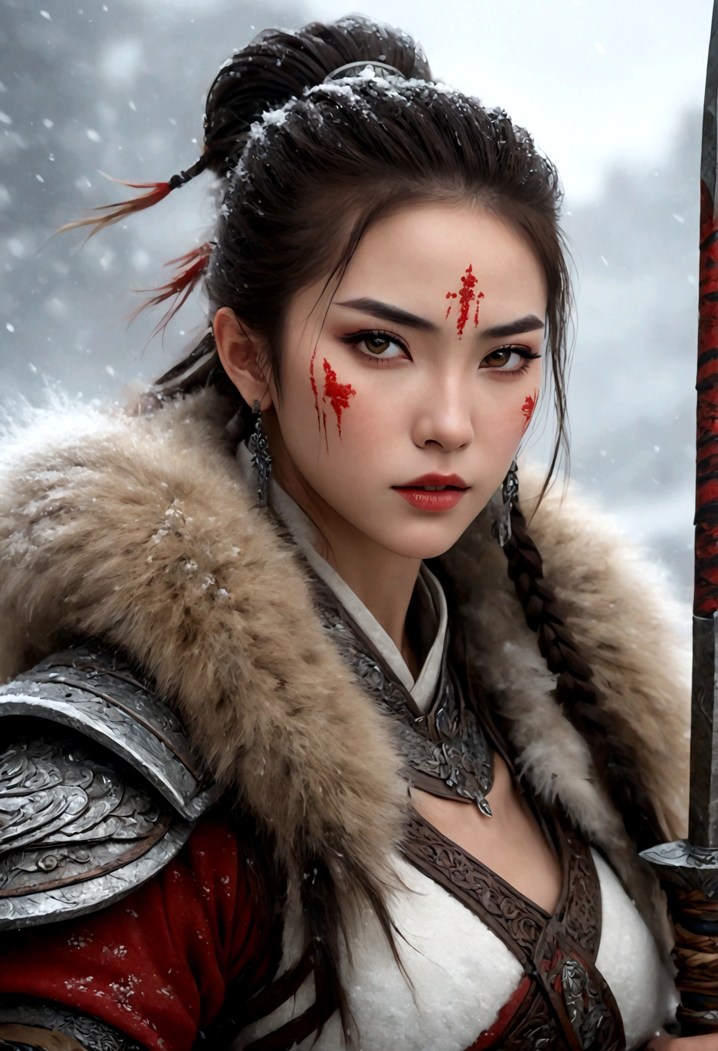 (best quality,4k,8K,high resolution,masterpiece:1.2),Very detailed,(actual,photoactual,photo-actual:1.37),Thick fur winter coat,Creative fusion of traditional Chinese design patterns and contemporary elements, High Ponytail，There is blood on the face，Red paint， Strong expression, Full of energy, Sharp eyes, 1 warrior, Handsome face, Tiger beast, Epic Fantasy Character Art, wearing intricate fur armor, Luis Royo (Luis Royo) style, Northern female warrior holding a spear, HDR, Ultra high quality, Studio Lighting, Ultra-fine, Be focused, Physically Based Rendering, Very detailed的描述, professional, Vibrant colors, Bokeh, portrait, landscape