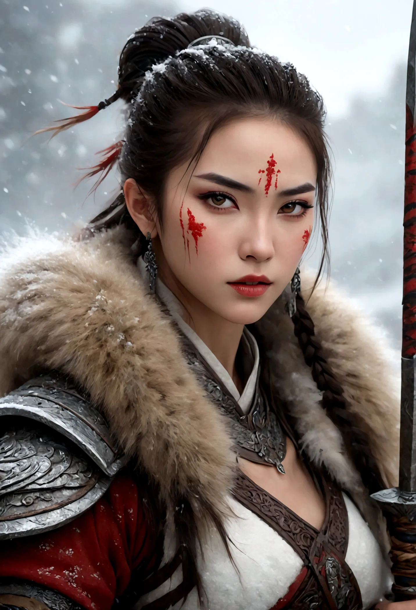 (best quality,4k,8K,high resolution,masterpiece:1.2),Very detailed,(actual,photoactual,photo-actual:1.37),Thick fur winter coat,Creative fusion of traditional Chinese design patterns and contemporary elements, High Ponytail，There is blood on the face，Red p...