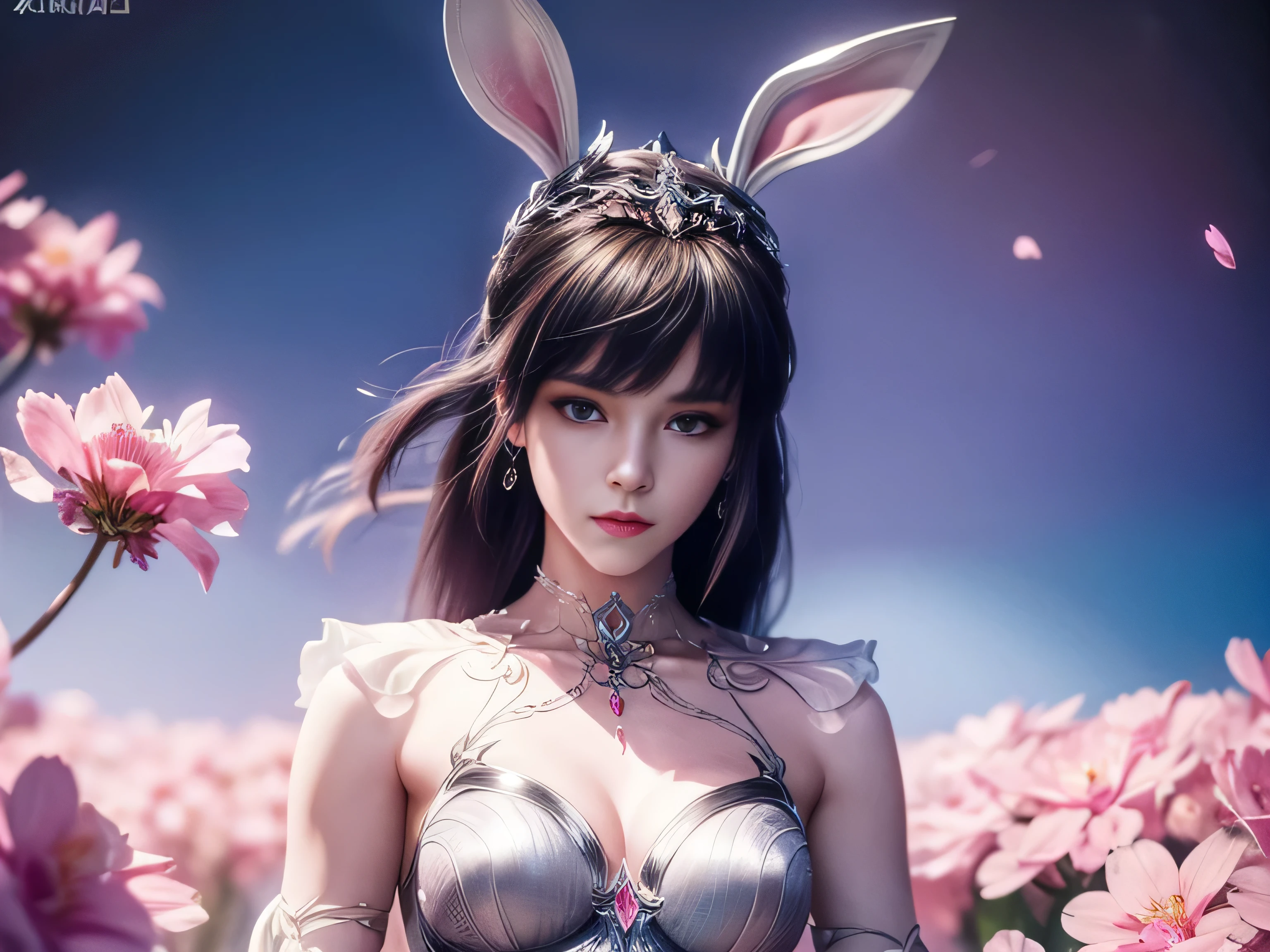 (Best Quality, 8K, Masterpiece, HDR, Soft Lighting, Picture Perfect, Realistic, Vivid), Bunny Girl (1.0), Bunny Girl with Pink Hair and Sexy Skimpy Clothes, pink bodysuit with glitter texture, Beautiful anime fantasy, Very beautiful and cute bunny girl, rain of pink flower petals, background blur, anime fantasy, work in Gouves style, realistic: 1.37, top view, lying in pink flowers, horizontal view, (Ultra High Quality Fantasy Art), Masterpiece, Female Model, Ultra High Quality Female Character Designs, Detailed 8k Anime Art, Realistic Anime Art, Highest Quality Wallpapers, Intricate Ultra High Quality Accurate Female Characters Faces, High Quality Designs and Accurate Physics (Fantasy- ultra-high quality art), dark fantasy style), masterpieces, super high quality characters, anime resolution - 8K, realistic anime art, wallpapers with the highest quality illustrations, ultra-high facial detail, high-quality design and accurate physics), color, depth of field, shadows, ray tracing, high quality workmanship. -high-quality and 8K resolution, (Accurate simulation of the interaction of light and materials)], [High-quality hair detail [More about beautiful and shiny white hair]], (Beautifully detailed hands [perfect fingers [Perfect nails]]]]]], (perfect anatomy (perfect proportions)))) [[Full-length]], [Perfect combination of colors (Accurate imitation of the interaction of light and material)], [art that conveys the meaning of history]