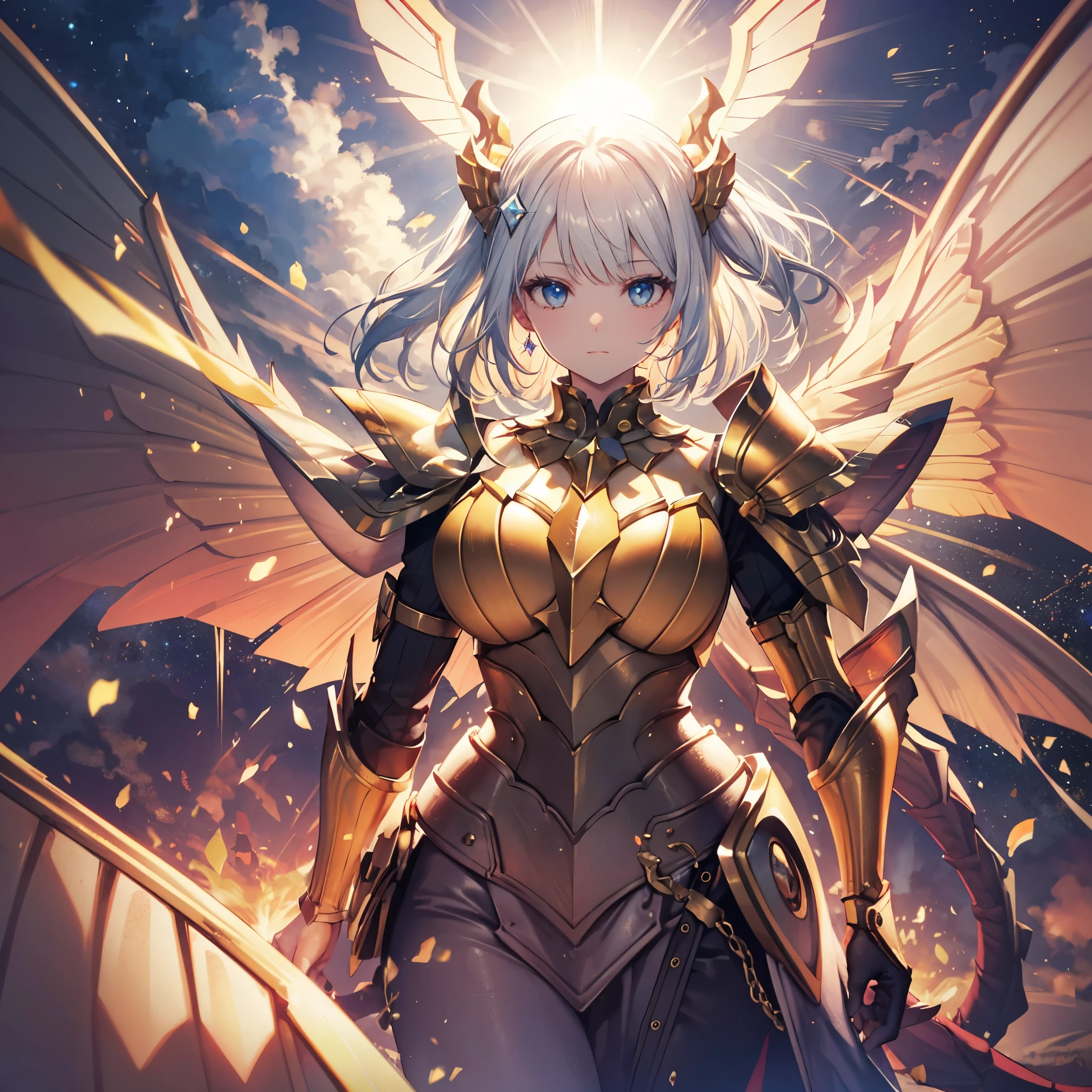 Masterpiece Portrait, Extreme details, (character focus:1.4), Very detailed, 8K octane, HDR, Super detailed, best quality, best quality, Realistic lighting, Ultra Detailed，A huge dragon，(Shining diamond-shaped wings:1.35),[Layers of golden armor｜Complex and gorgeous texture pattern]Fully covered armor，Space Background，The sun behind，（perspective：1.4），Starry sky elements，Iridescent wing membrane