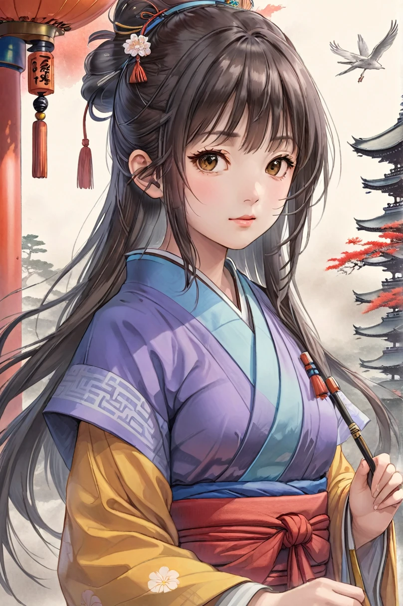 (Highly detailed CG Unity 8k wallpaper),(Super detailed),masterpiece,highest quality, \\, One girl,A fleeting expression,Colored pencil drawing,(Adjust the pen pressure and line thickness to create detailed shadow intensities),In the style of painting on parchment,In the attire of a Shinto priest,Full body description,Sacred atmosphere