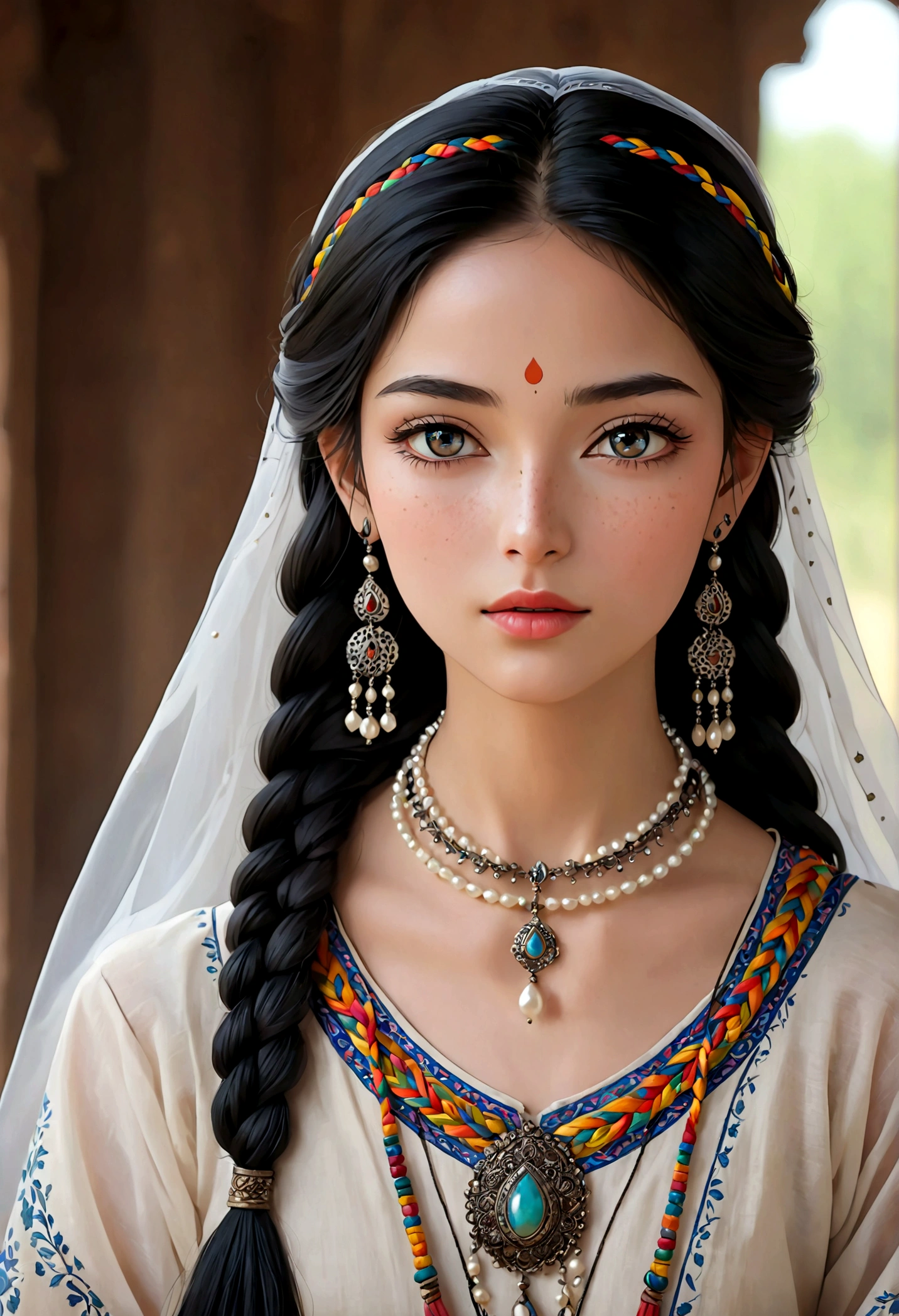 Beautiful young woman in traditional ethnic costume, flowing long black hair，With colorful braids, radiant skin, Delicate facial features and delicate eye makeup, Pearl necklace, Blurred background, (best quality,4k,8K,High resolution,masterpiece:1.2),Extremely detailed,(Practical,photoPractical,photo-Practical:1.37),Extremely detailed eyes and face,Long eyelashes,Beautiful and delicate eyes,Beautiful and delicate lips,Delicate skin，With slight freckles,Delicate shoulders and arms,elegant flowing dress,Intricate traditional ethnic patterns and designs