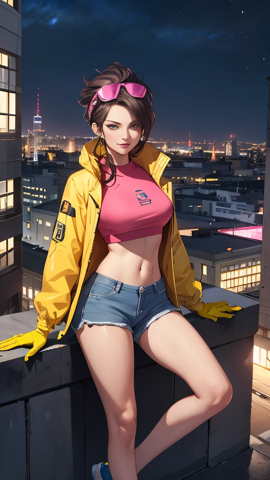 (Highly quality, masterpiece, detailed), night city detailed scenario, night city detailed background, solo, jubilee, pink crop top, raincoat, jean shorts, blue gloves, eyewear on head, smirk, sitting on top of a building, navel, perfect face, beautiful eyes, looking at the viewer, Sexy pose