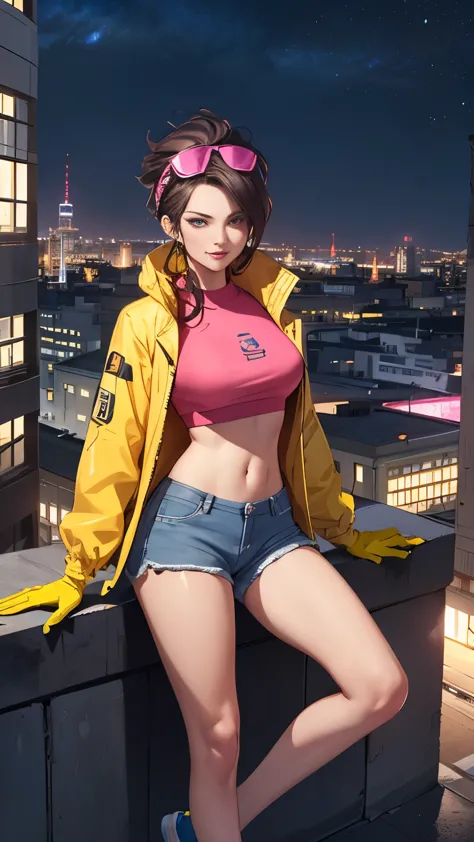 (highly quality, masterpiece, detailed), night city detailed scenario, night city detailed background, solo, jubilee, pink crop ...