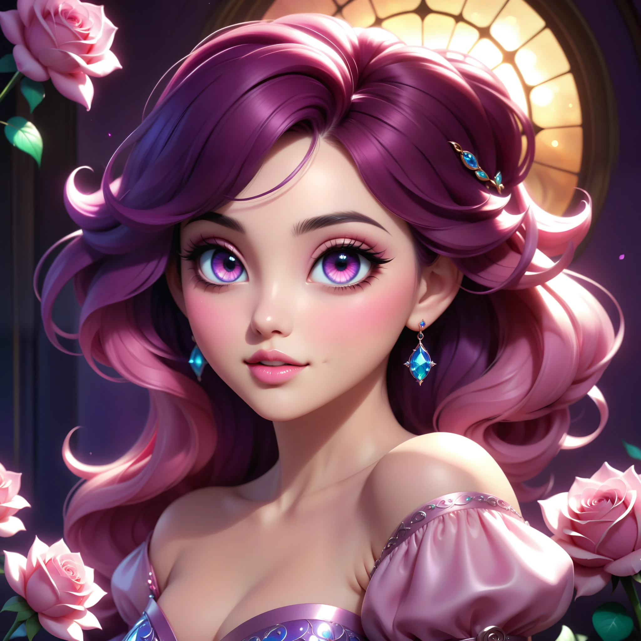 (This is a beautiful, soft, ethereal, and (romantic) fantasy image with a persistent pink aura, fairytale fantasy elements, and a lovely color palette.) Generate a beautiful fairy woman with beautiful puffy lips and beautiful detailed eyes. Her glossy curled hair is realistically detailed and her (ringed eyes) are interesting and colorful. Surround her with eternal roses in shimmering shades of pink and purple.  Include luminous flowers and detailed roses. Utilize dynamic composition and dramatic lighting and cinematic lighting to create an interesting fantasy image. The background of the image is interesting and ultra-detailed, with soft fantasy lighting and gradients. English rose, princess, sweet, lovely, shimmering, glimmering, glittering, astrological fantasy, (((masterpiece))), (highest quality), beautiful eyes, perfect puffy lips, jewel tones, luminosity.  8k, Unreal Engine 5, octane render, trending on pixiv, fanbox, skeb, masterpiece, detailed face, smooth soft skin, big dreamy eyes, beautiful intricate colored hair, anime wide eyes, soft lighting, concept art, digital painting, elegant expression, elegant face, smiling puffy lips