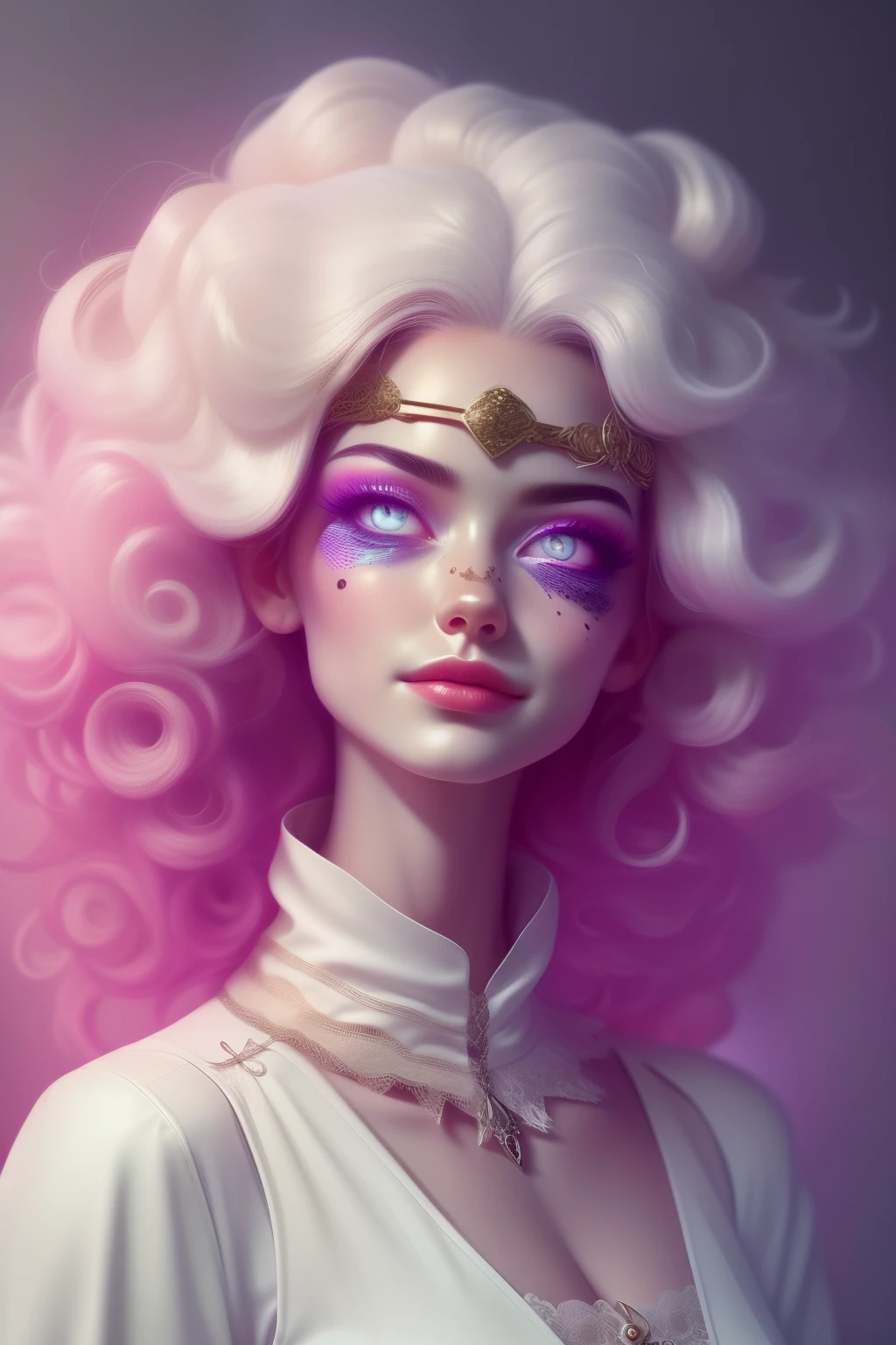 (This is a beautiful fantasy image that feels interesting.) Generate a pretty magical (((blind))) woman with colorful curly hair and milky white eyes. Her face is important should be perfectly formed with puffy lips and perfect features. (Her eyes are important and are blank white and solid white.) Her clothing is colorful and has all the colors of the rainbow, giving the appearance of a rainbow. Utilize dynamic composition to create a compelling and interesting image that appeals to viewers. She has an unmarked face. Use dramatic lighting and cinematic lighting to enhance the overall quality of the image. Fantasy, cute, colorful, compelling, energetic, (shirome eyes:1.3), (smirking), ((no pupils)), ((no irises)), ((((blank eyes, empty eyes)))), (perfectly rendered solid whiteeyes), ((normal neck)), (((short neck)))