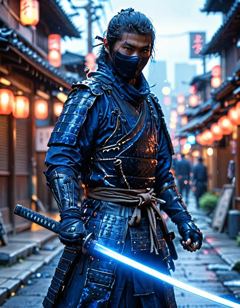 masterpiece, best quality, hires, 1man, solo, solo focus, japanese male wearing dark blue ninja suit, using katana, ninja, yakuz...